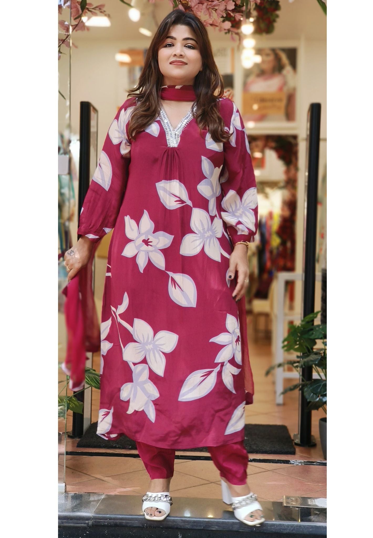 Beautiful Crape Floral Print V neck Full Suit