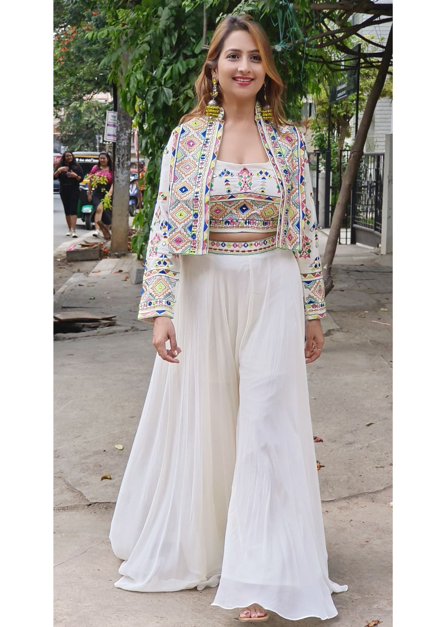 Beautiful Embroidered Silk Crop Top Off White Embroidery Inner Silk Jacket With Georgette palazzo-DRYWASH