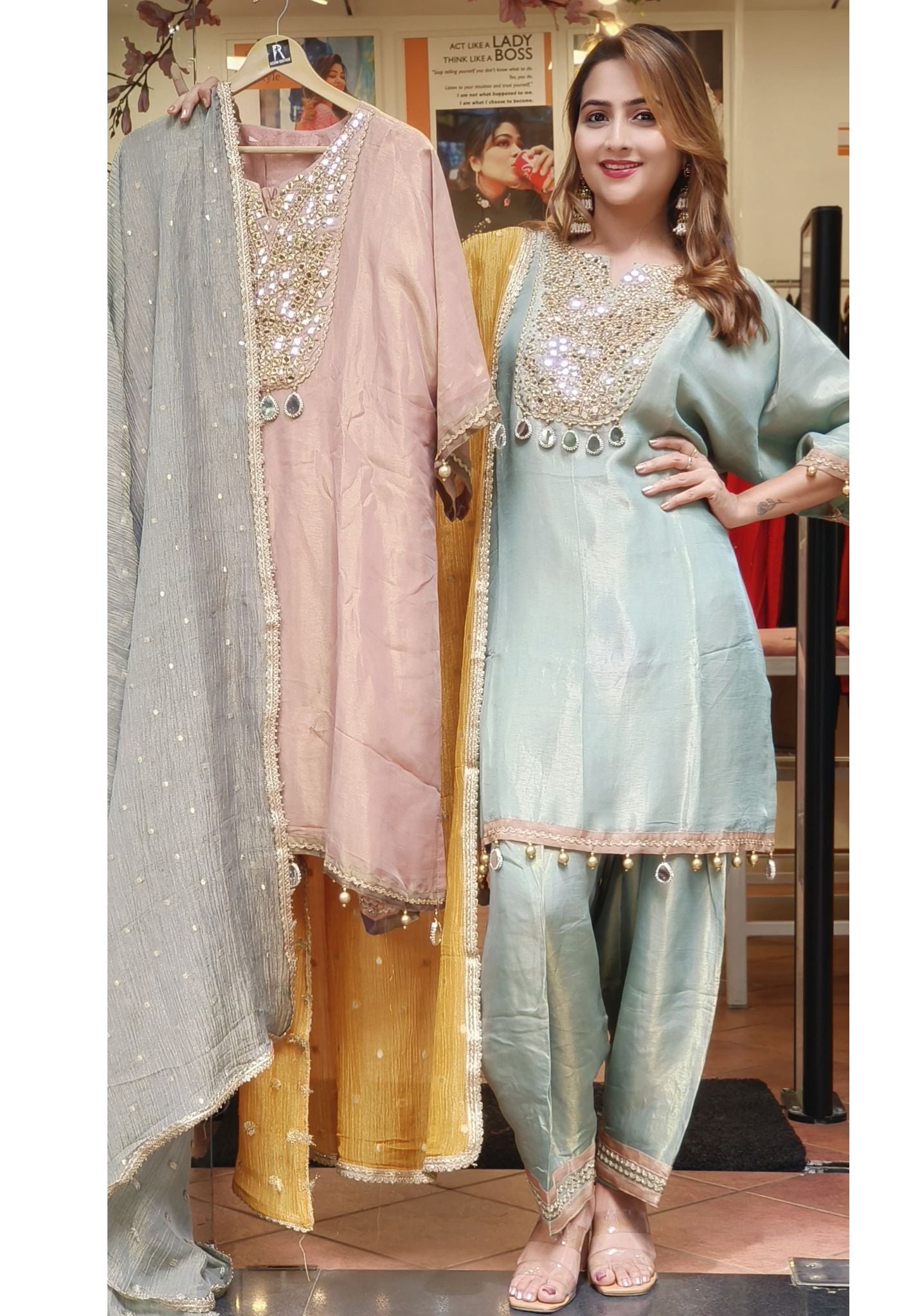 Shimmer Tissue Party Wear Real Mirror Work Full Suit With Tissue Dupatta DRYWASH-06759