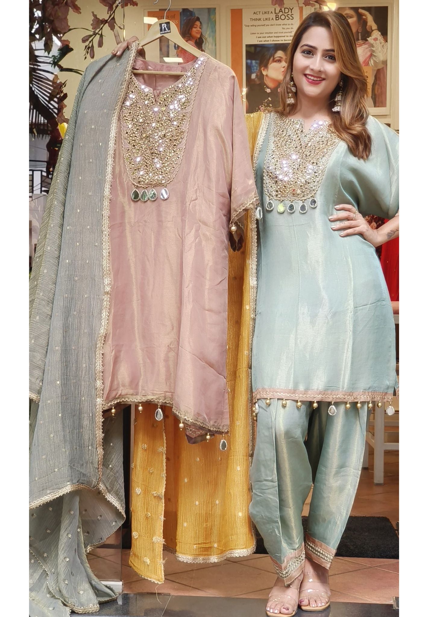 Shimmer Tissue Party Wear Real Mirror Work Full Suit With Tissue Dupatta DRYWASH-06759