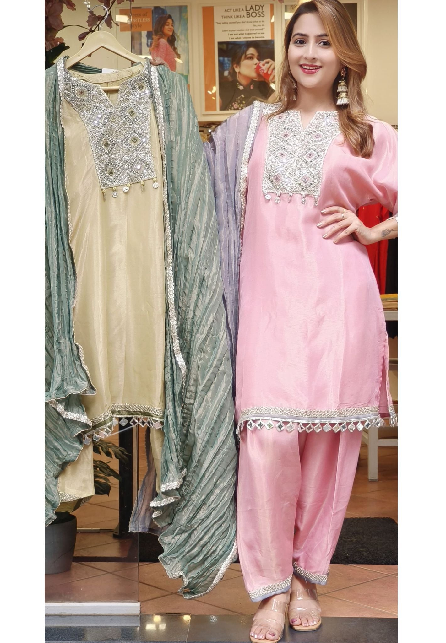 Party Wear Shimmer Tissue  Real Mirror Work Full Suit With Tissue Dupatta DRYWASH-06757-58