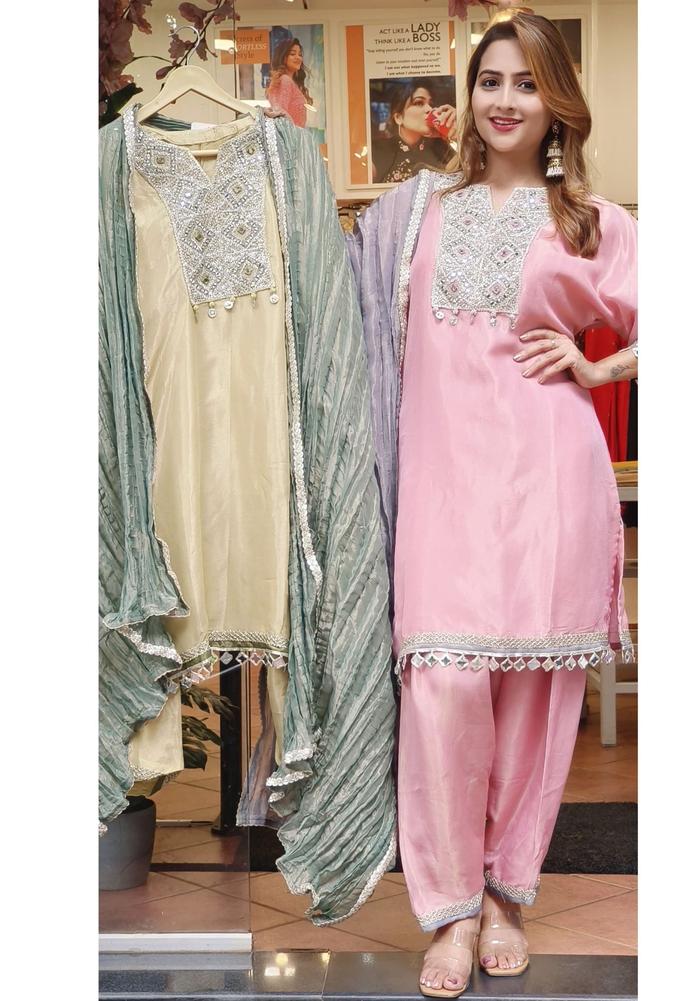 Party Wear Shimmer Tissue  Real Mirror Work Full Suit With Tissue Dupatta DRYWASH-06757-58