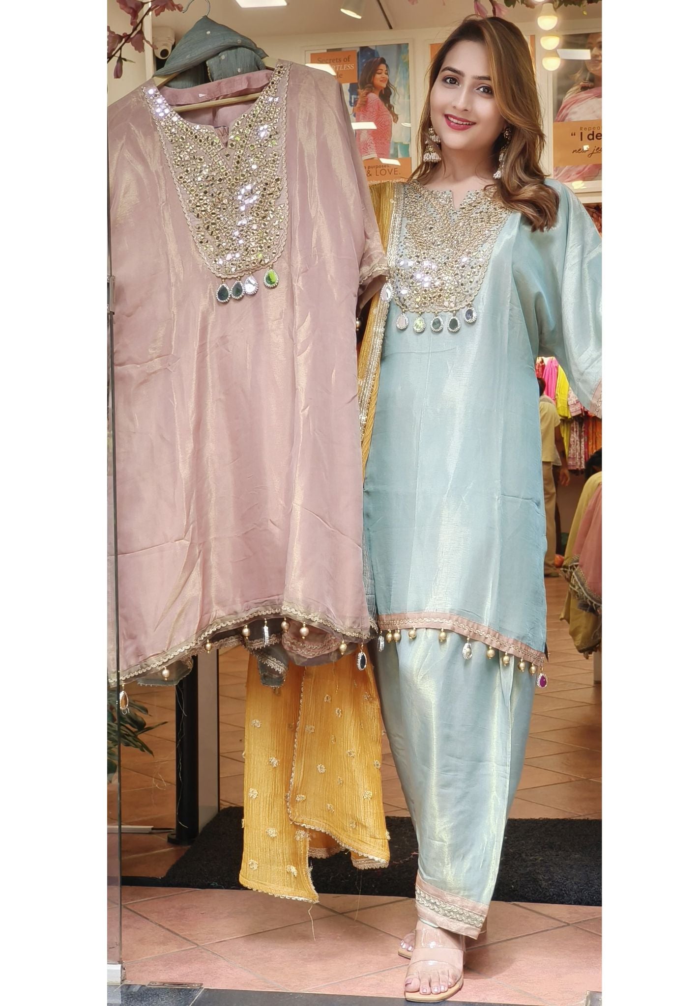 Shimmer Tissue Party Wear Real Mirror Work Full Suit With Tissue Dupatta DRYWASH-06759