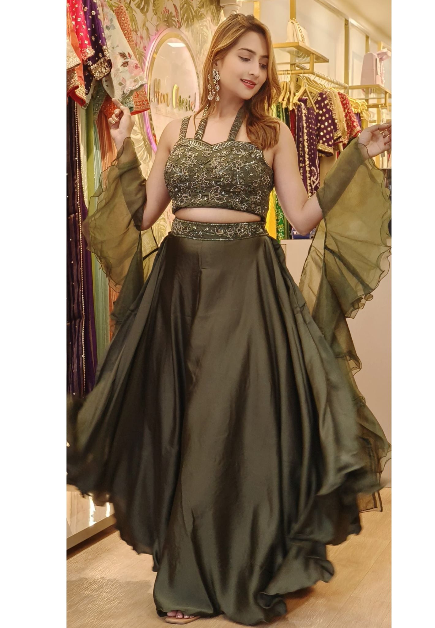 Stylish Designer Indo-western embellished Top with Divider and Ruffle Dupatta DRYWASH-06860-61-62-63