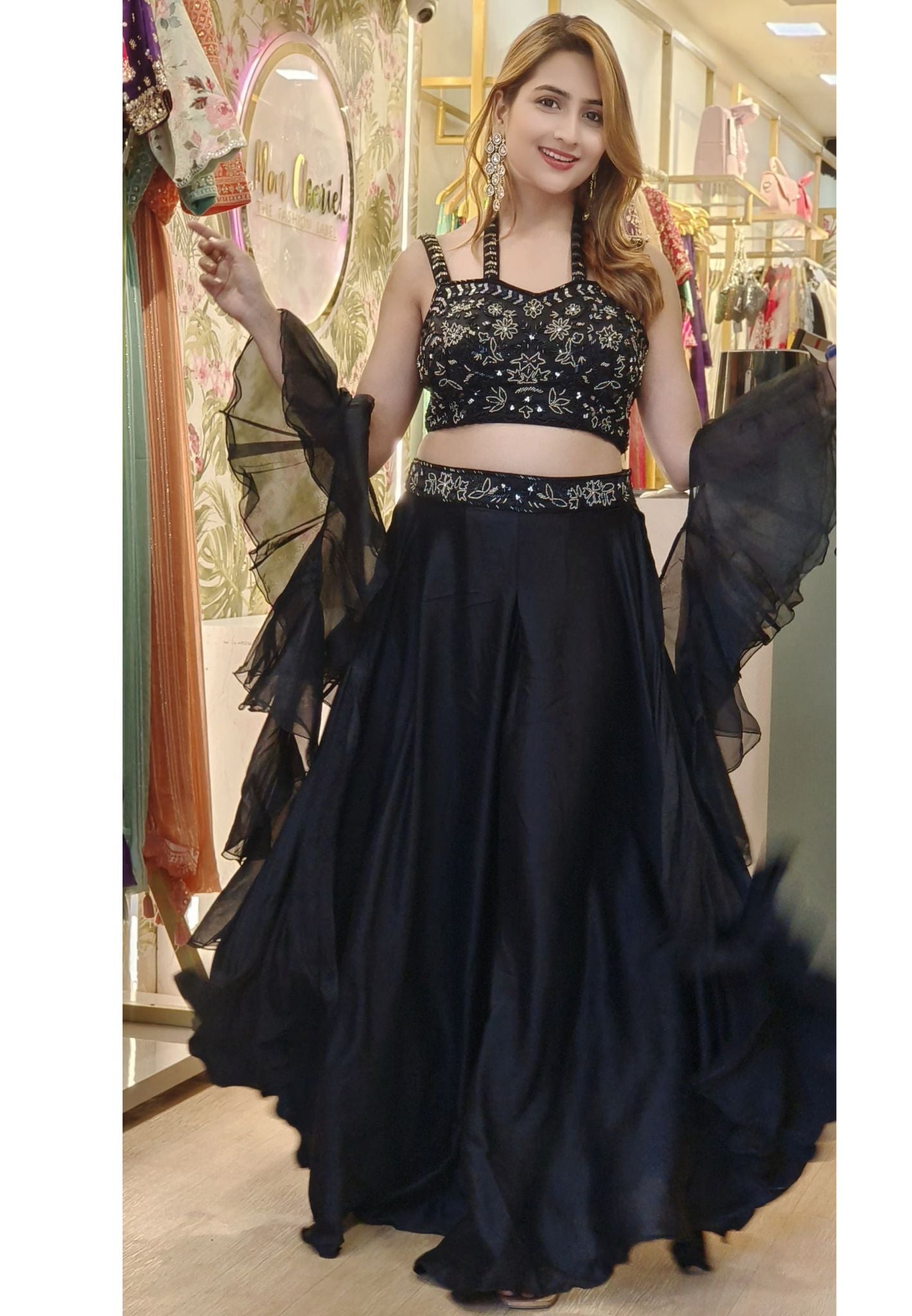 Stylish Designer Indo-western embellished Top with Divider and Ruffle Dupatta DRYWASH-06860-61-62-63