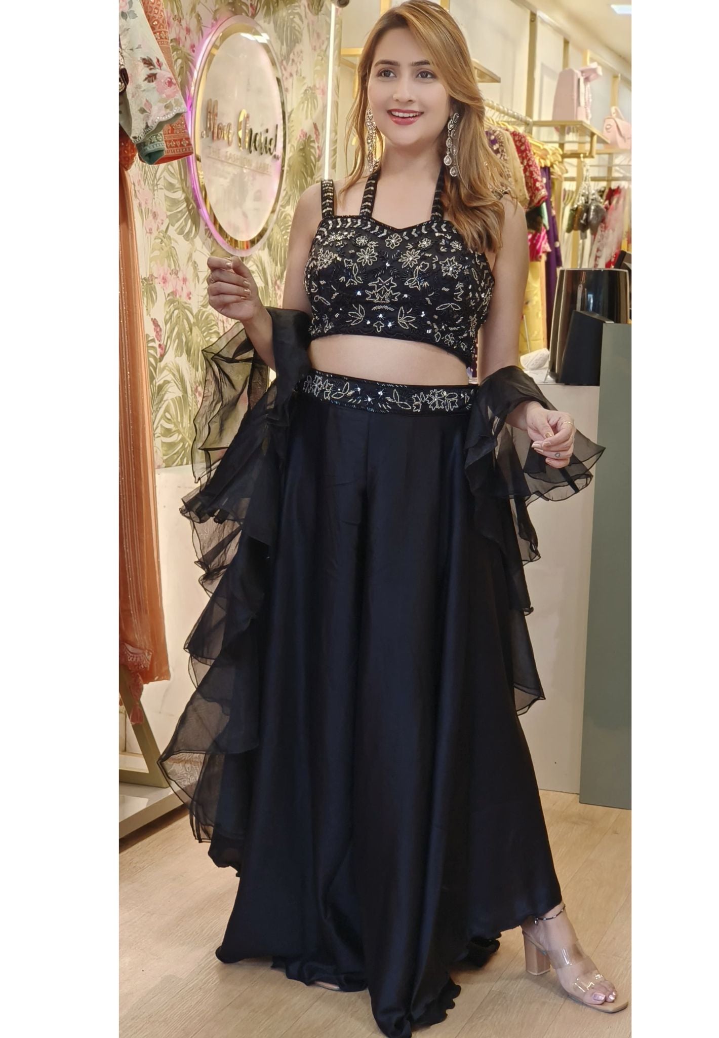 Stylish Designer Indo-western embellished Top with Divider and Ruffle Dupatta DRYWASH-06860-61-62-63