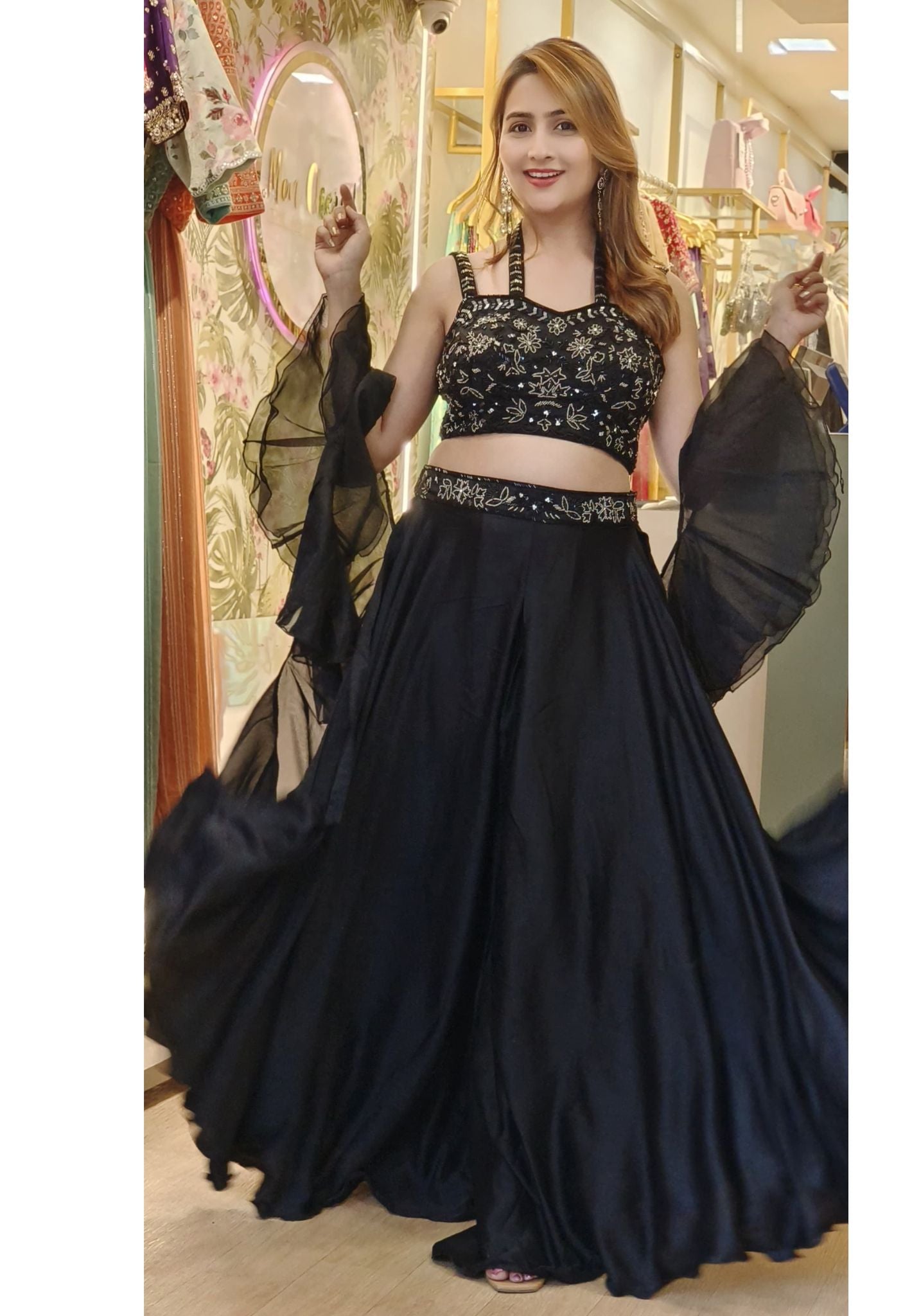 Stylish Designer Indo-western embellished Top with Divider and Ruffle Dupatta DRYWASH-06860-61-62-63