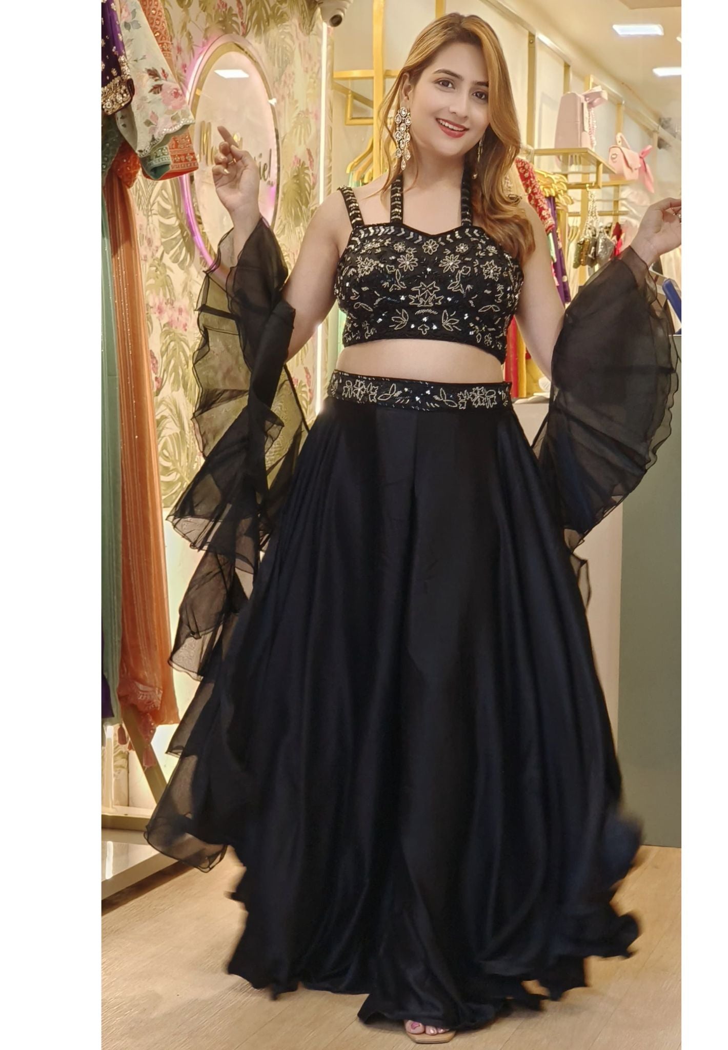 Stylish Designer Indo-western embellished Top with Divider and Ruffle Dupatta DRYWASH-06860-61-62-63