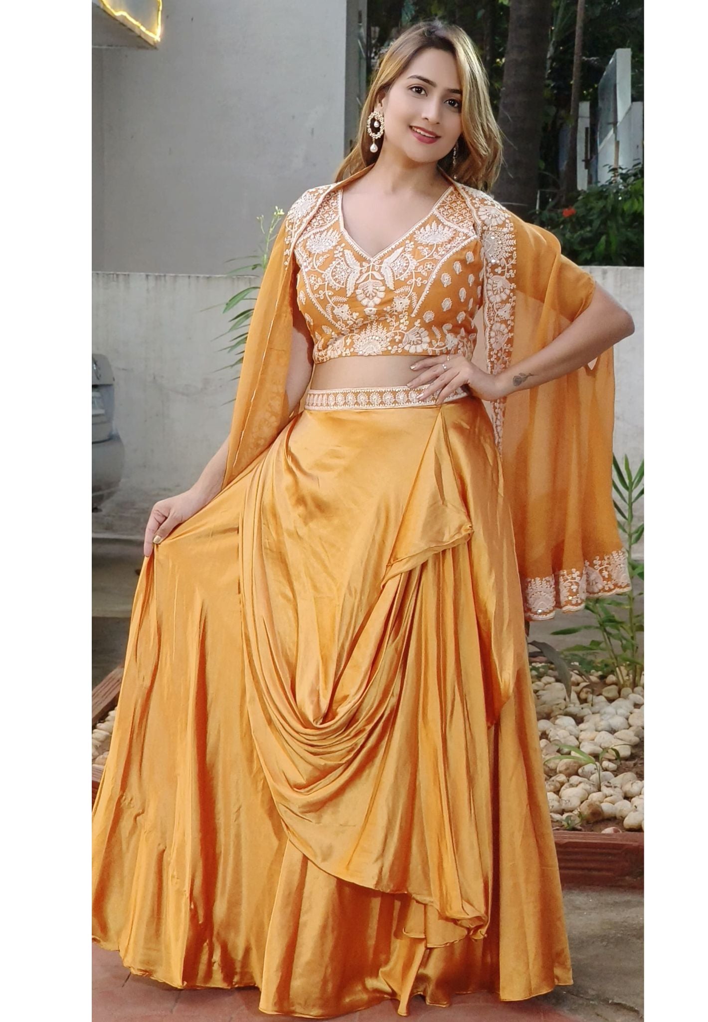 Embroiderd "Timeless Elegance: Exquisite Embroidered Satin Silk Skirt Set with Shrug DRYWASH "-06865