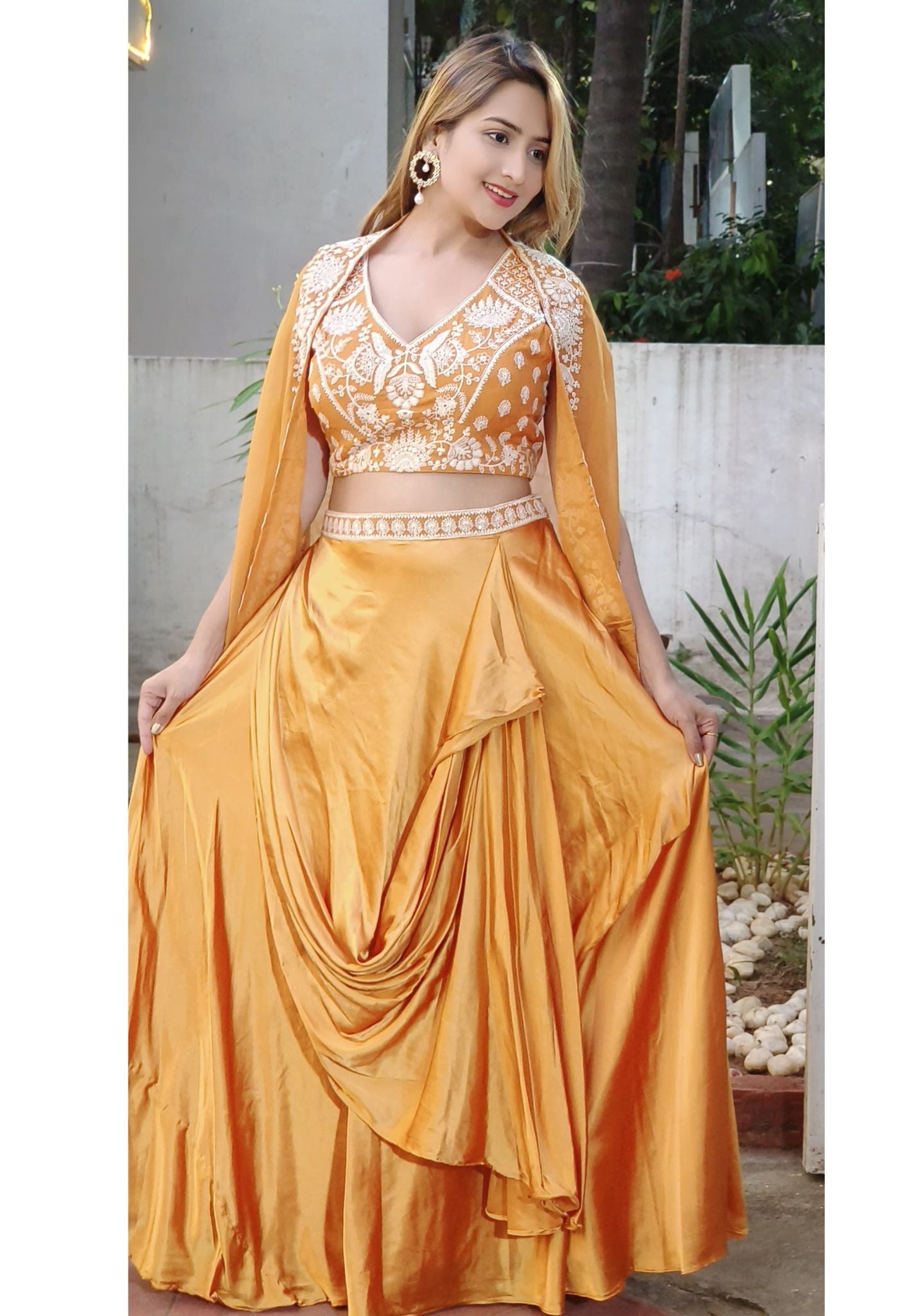 Embroiderd "Timeless Elegance: Exquisite Embroidered Satin Silk Skirt Set with Shrug DRYWASH "-06865