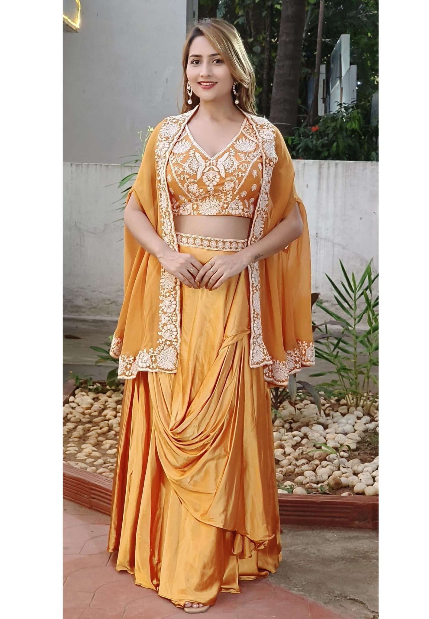 Embroiderd "Timeless Elegance: Exquisite Embroidered Satin Silk Skirt Set with Shrug DRYWASH "-06865