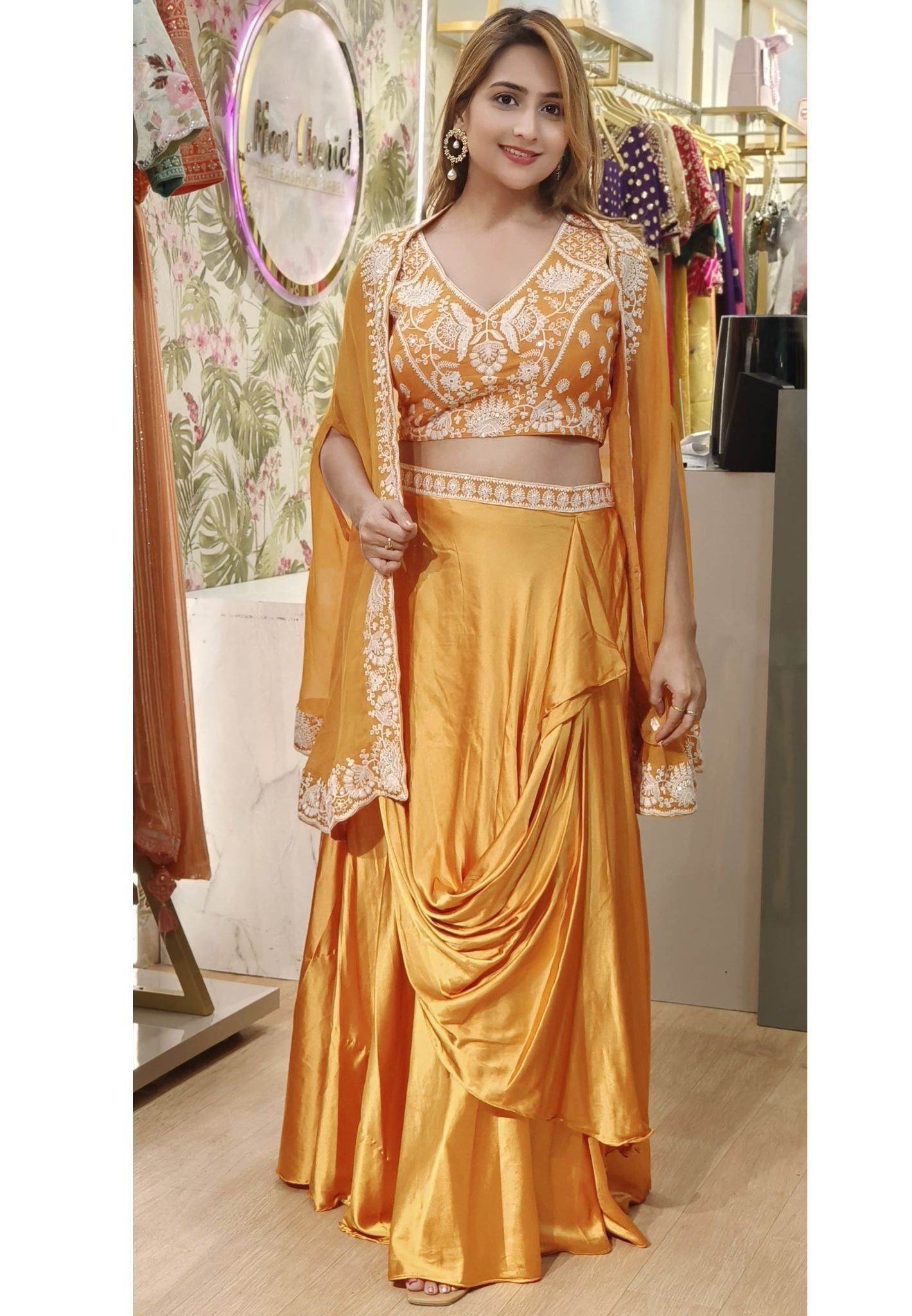 Embroiderd "Timeless Elegance: Exquisite Embroidered Satin Silk Skirt Set with Shrug DRYWASH "-06865