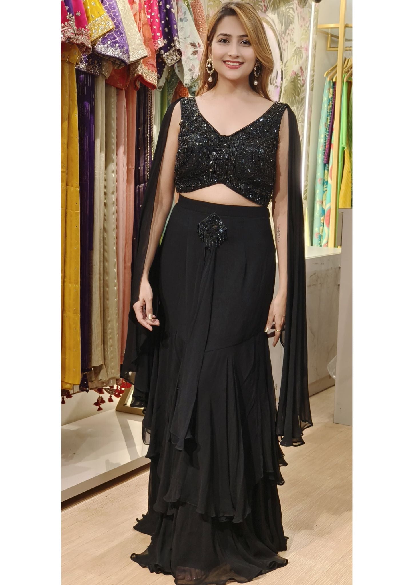 Designer Indo Western Flare layer Skirt with Designer Top with attached Dupatta DRYWASH-06886