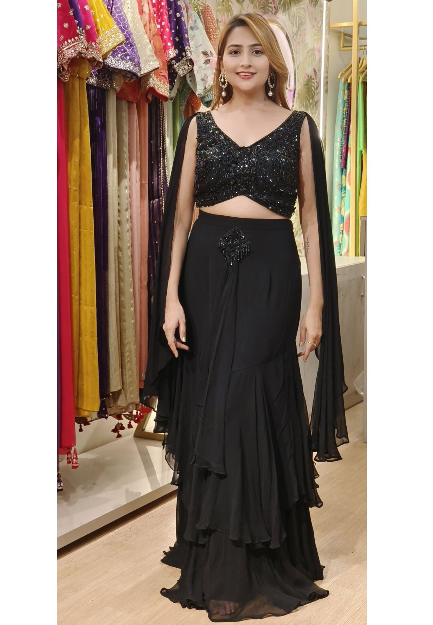 Designer Indo Western Flare layer Skirt with Designer Top with attached Dupatta DRYWASH-06886