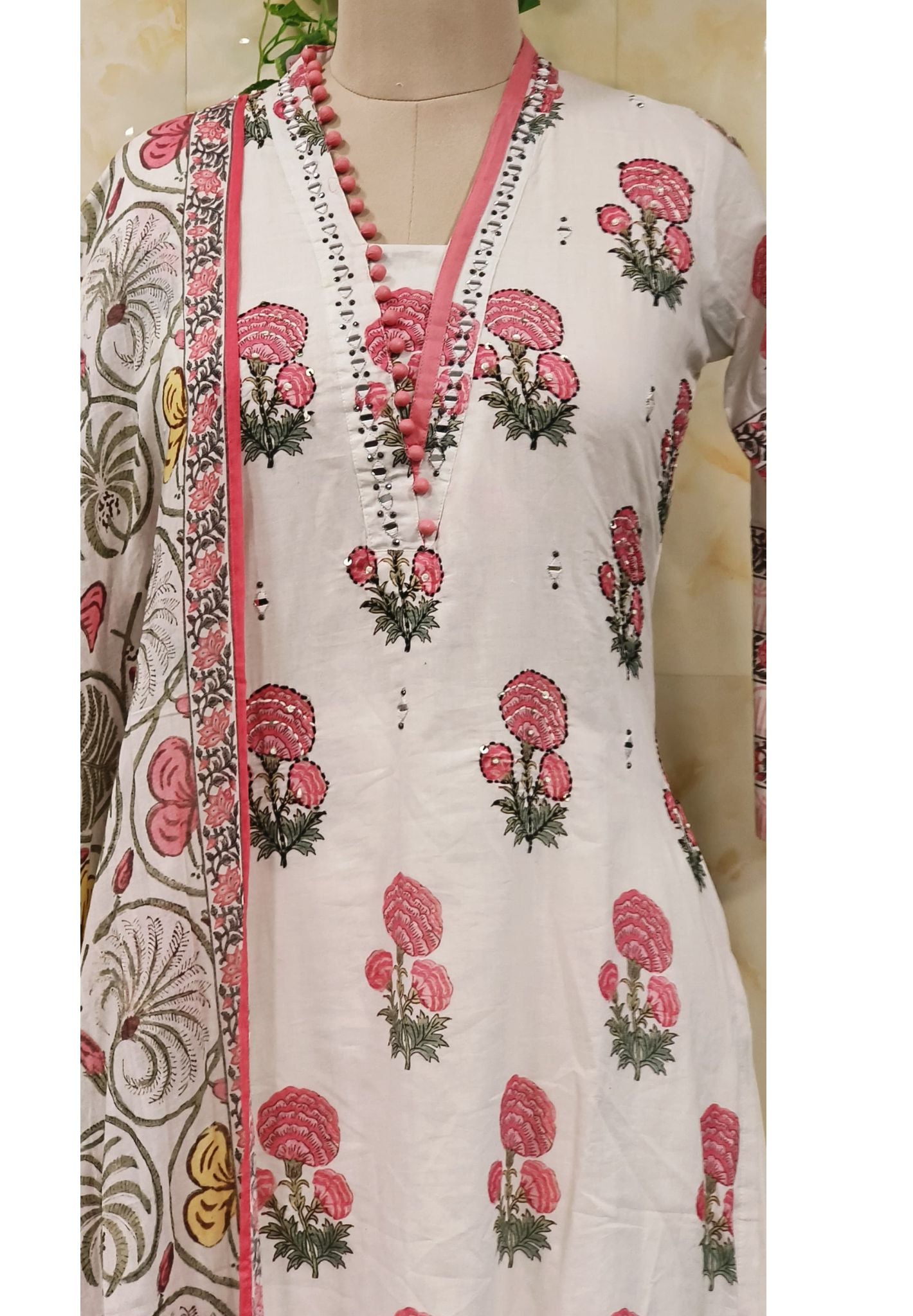 Block Flower Print Cotton Real Mirror Embroidered Work Full Set-06560