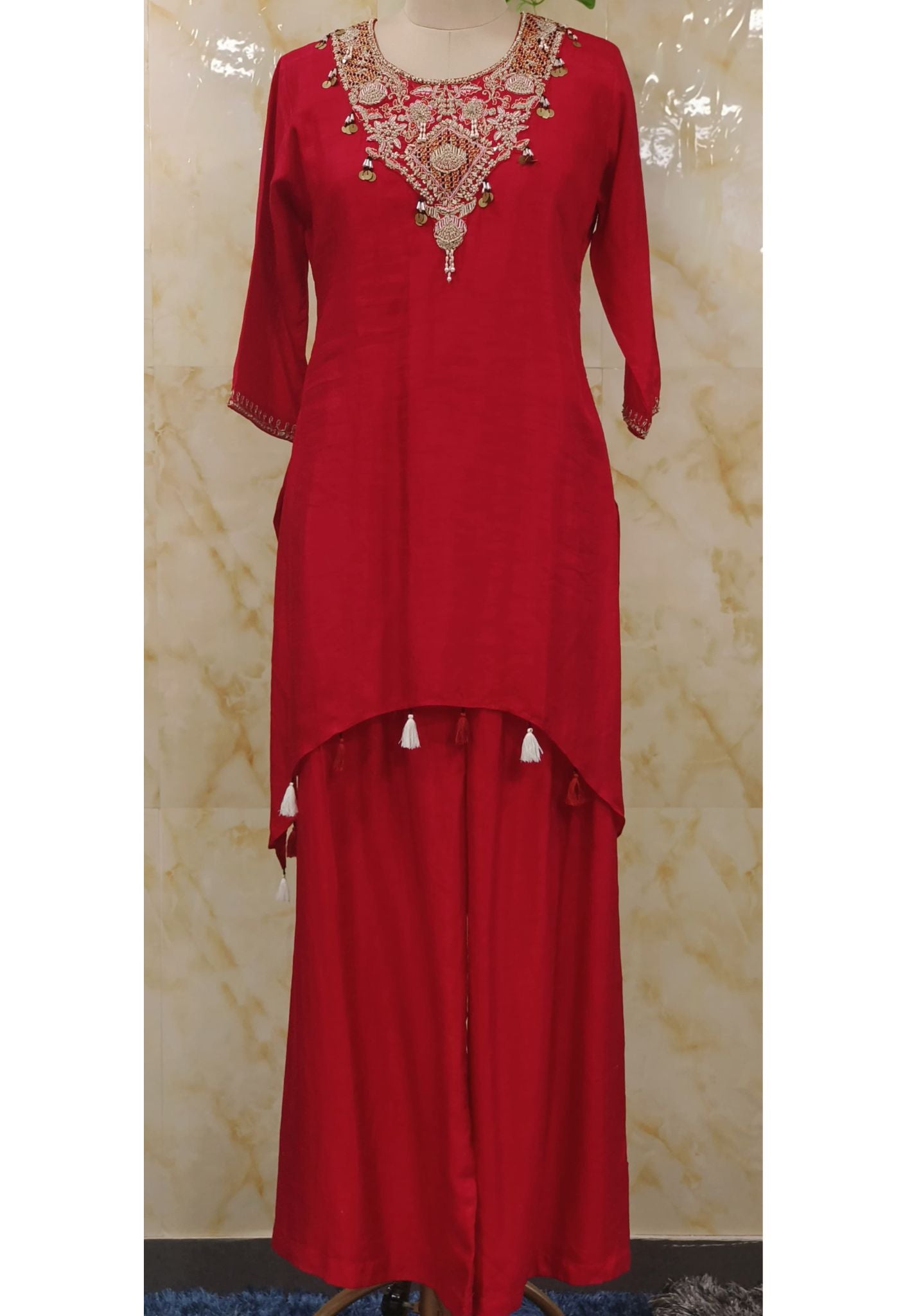 Embroidered High Low Silk Kurta With Loose Bottom -07072