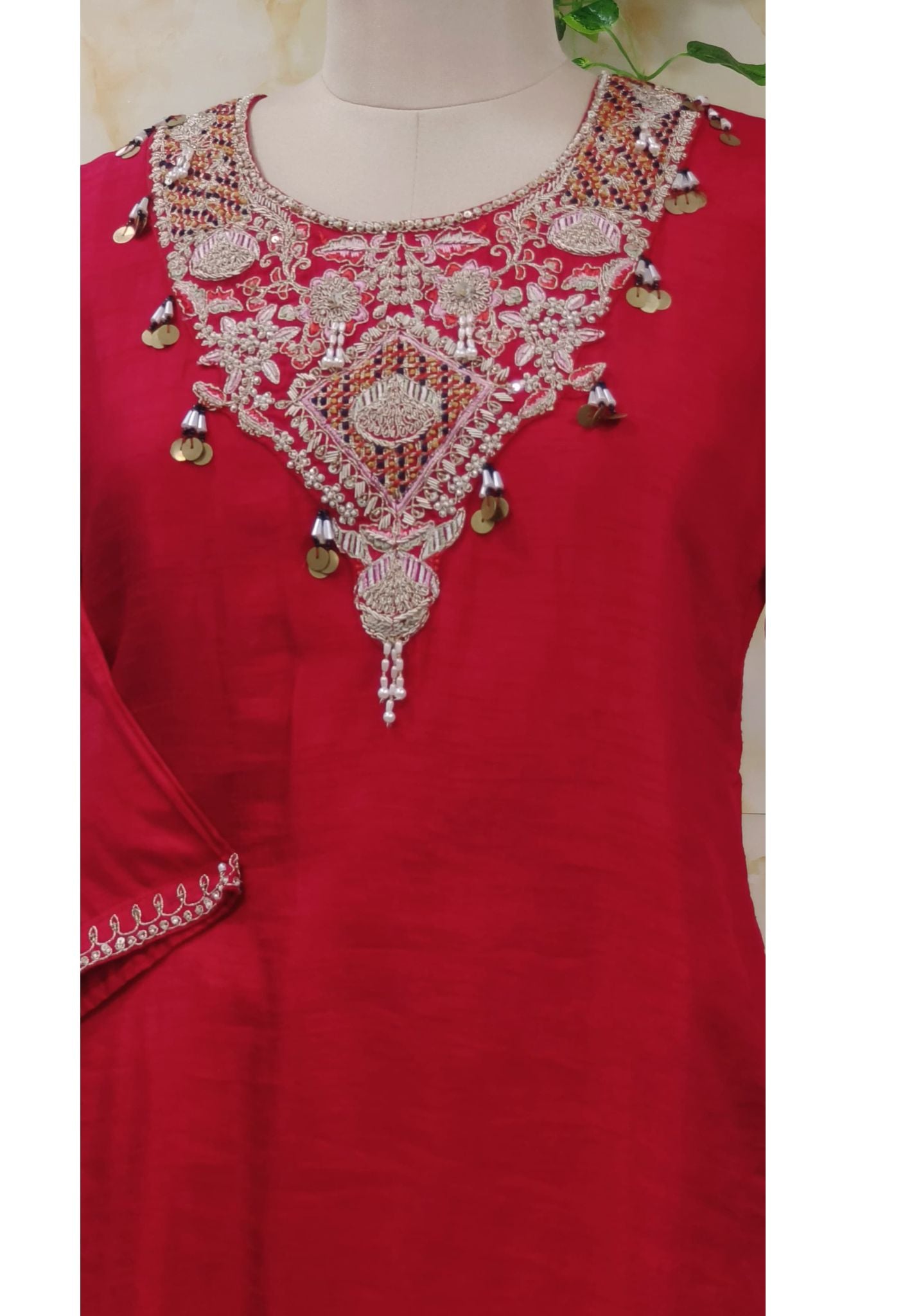 Embroidered High Low Silk Kurta With Loose Bottom -07072