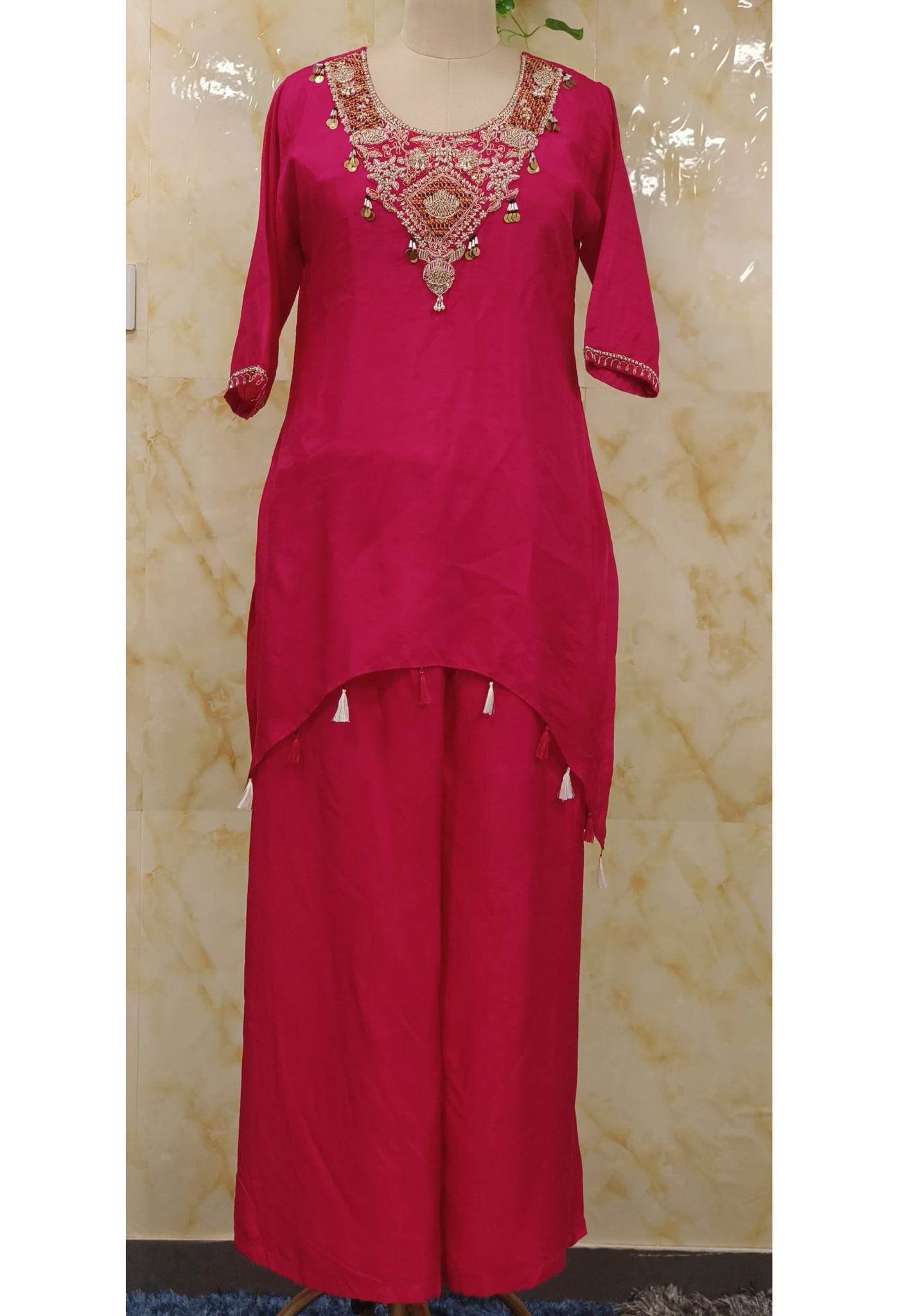 Embroidered High Low Silk Kurta With Loose Bottom -07072