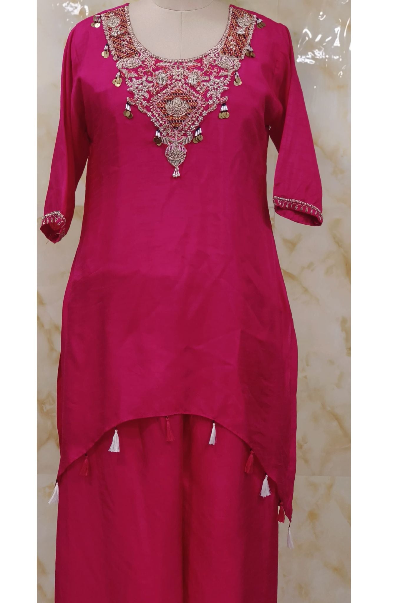 Embroidered High Low Silk Kurta With Loose Bottom -07072