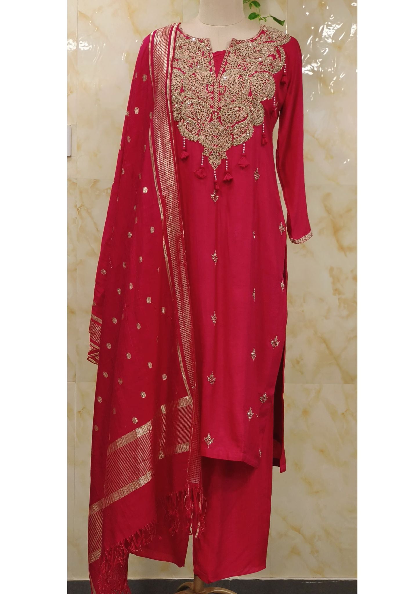 Beautiful Silk Heavy Neck Embroidered Full Suit Set With Dupatta 06684