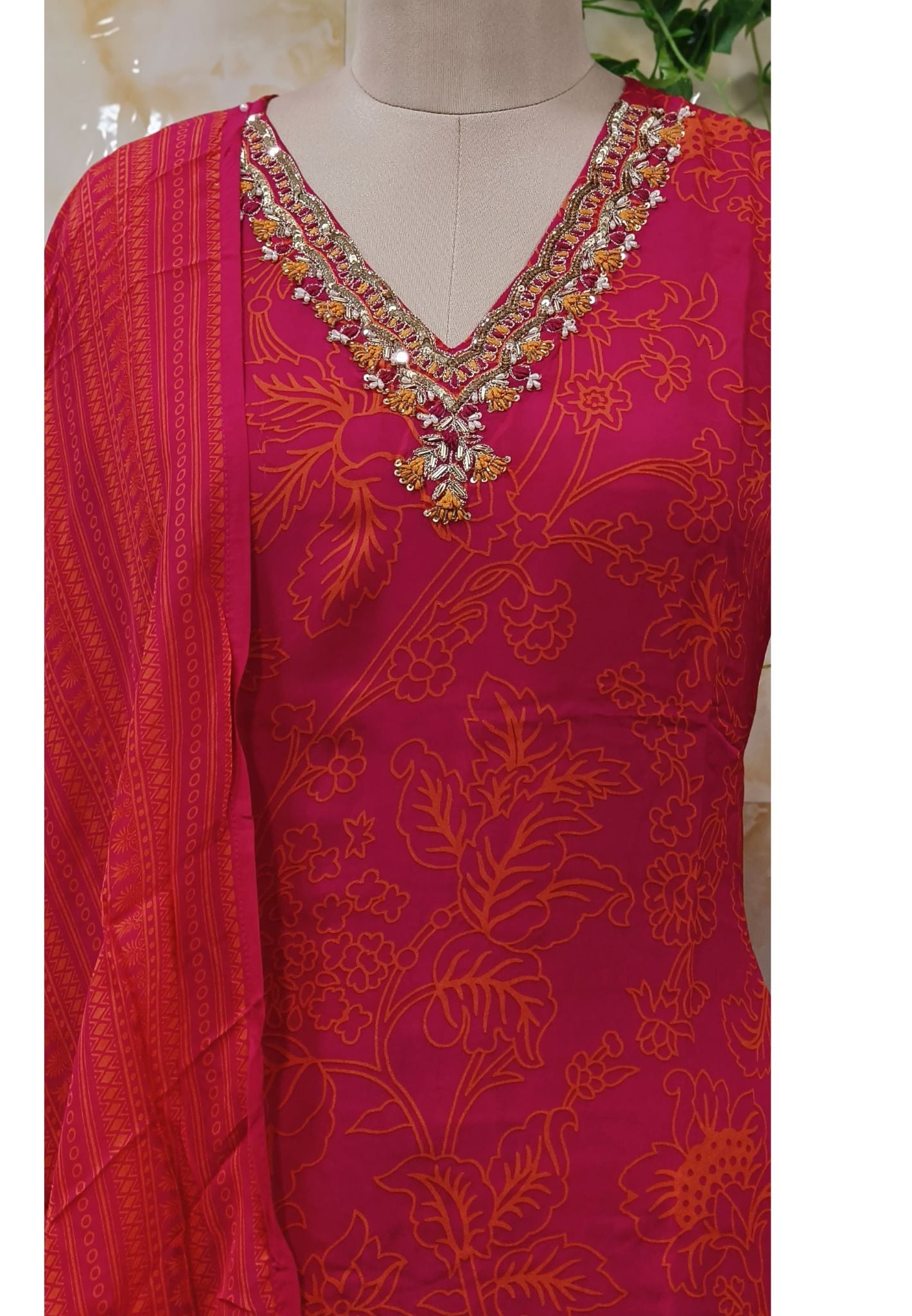 Floral Print Organza Embroidered Neck With pant and dupatta -07185