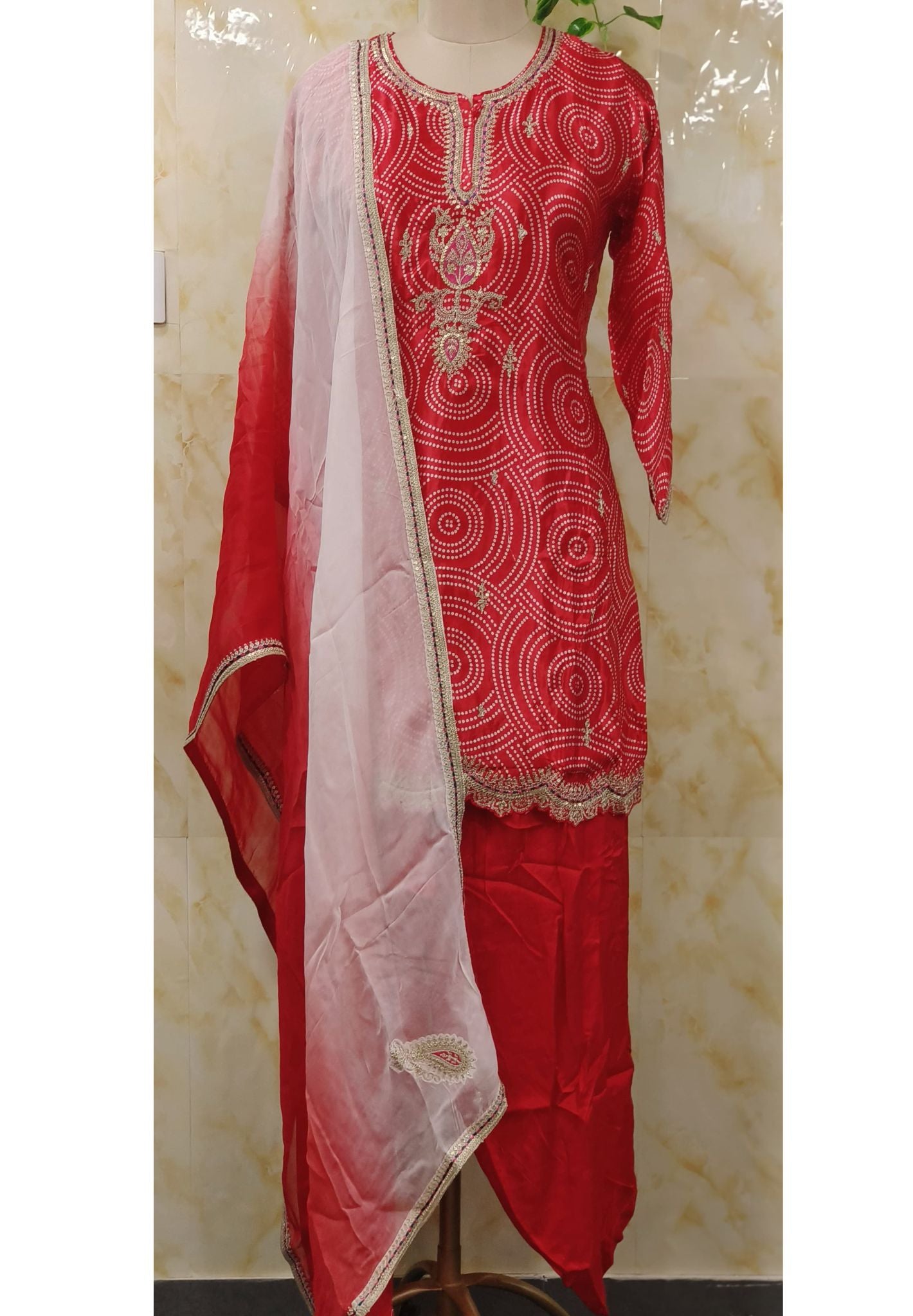 Bandani Print Gajji silk Full Suit Set With Shaded Dupatta -