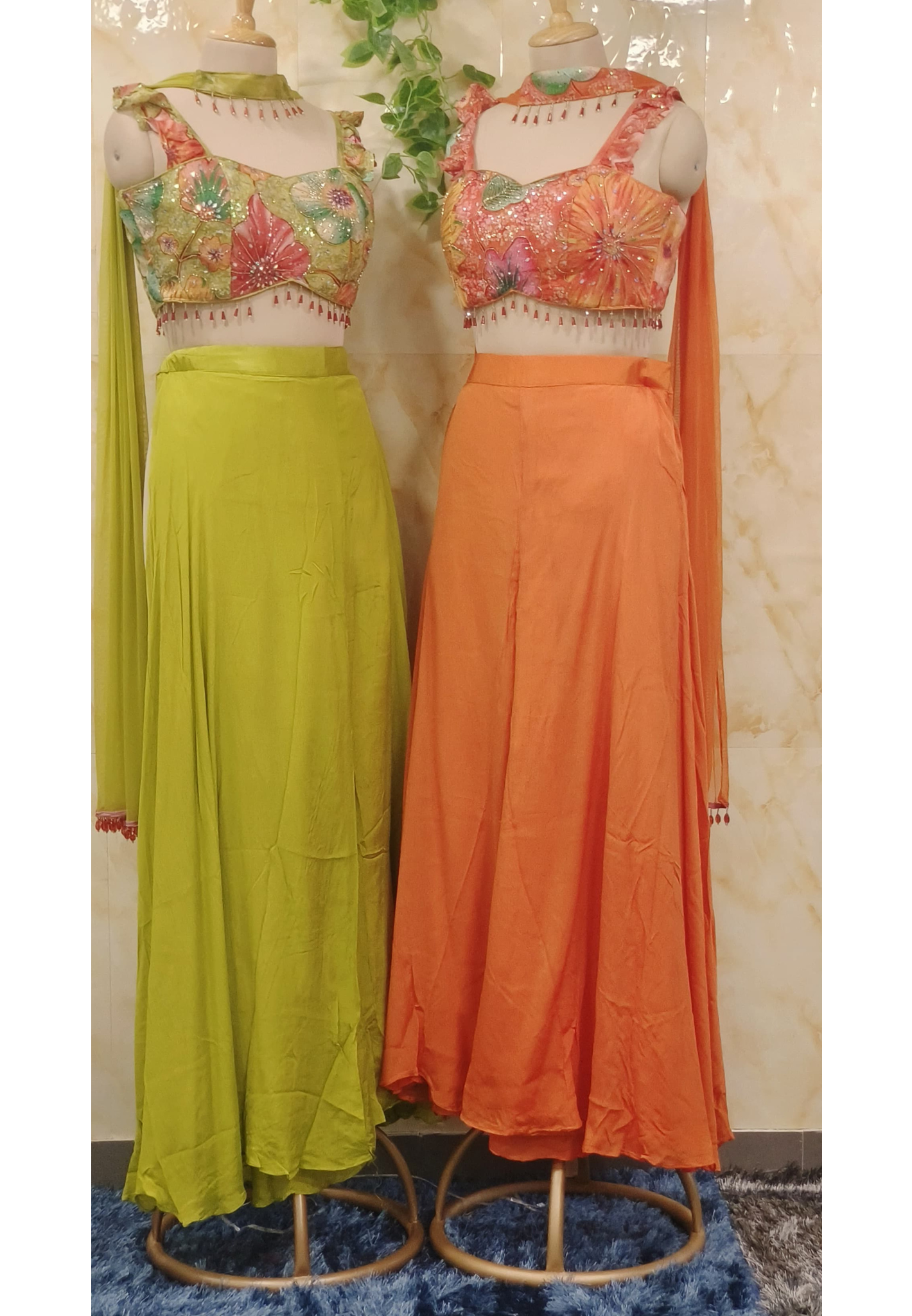 Vibrant Orange and Lime Green" Floral Embroidered Crop Top with Palazzo Set  With Chokar Dupatta