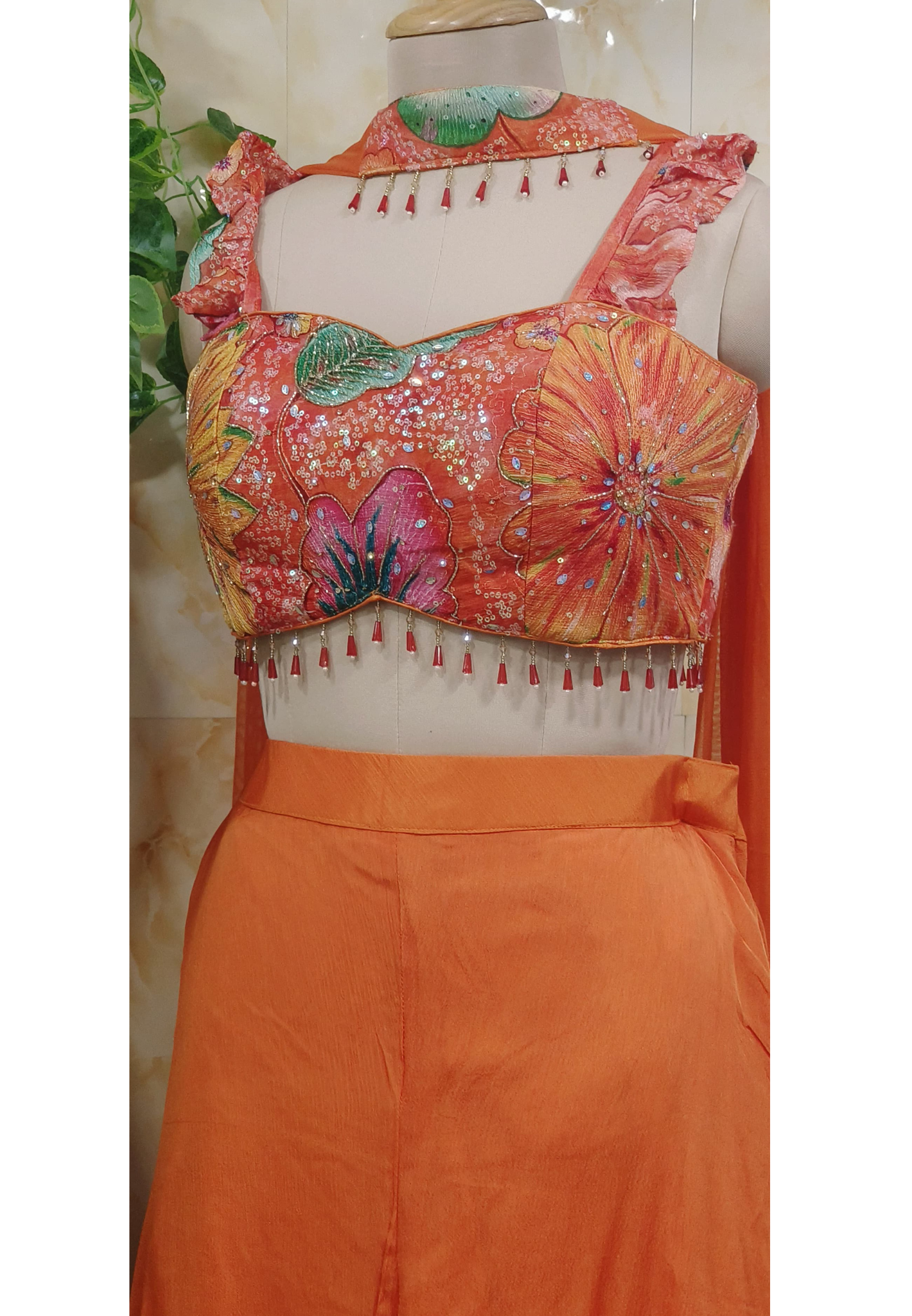 Vibrant Orange and Lime Green" Floral Embroidered Crop Top with Palazzo Set  With Chokar Dupatta