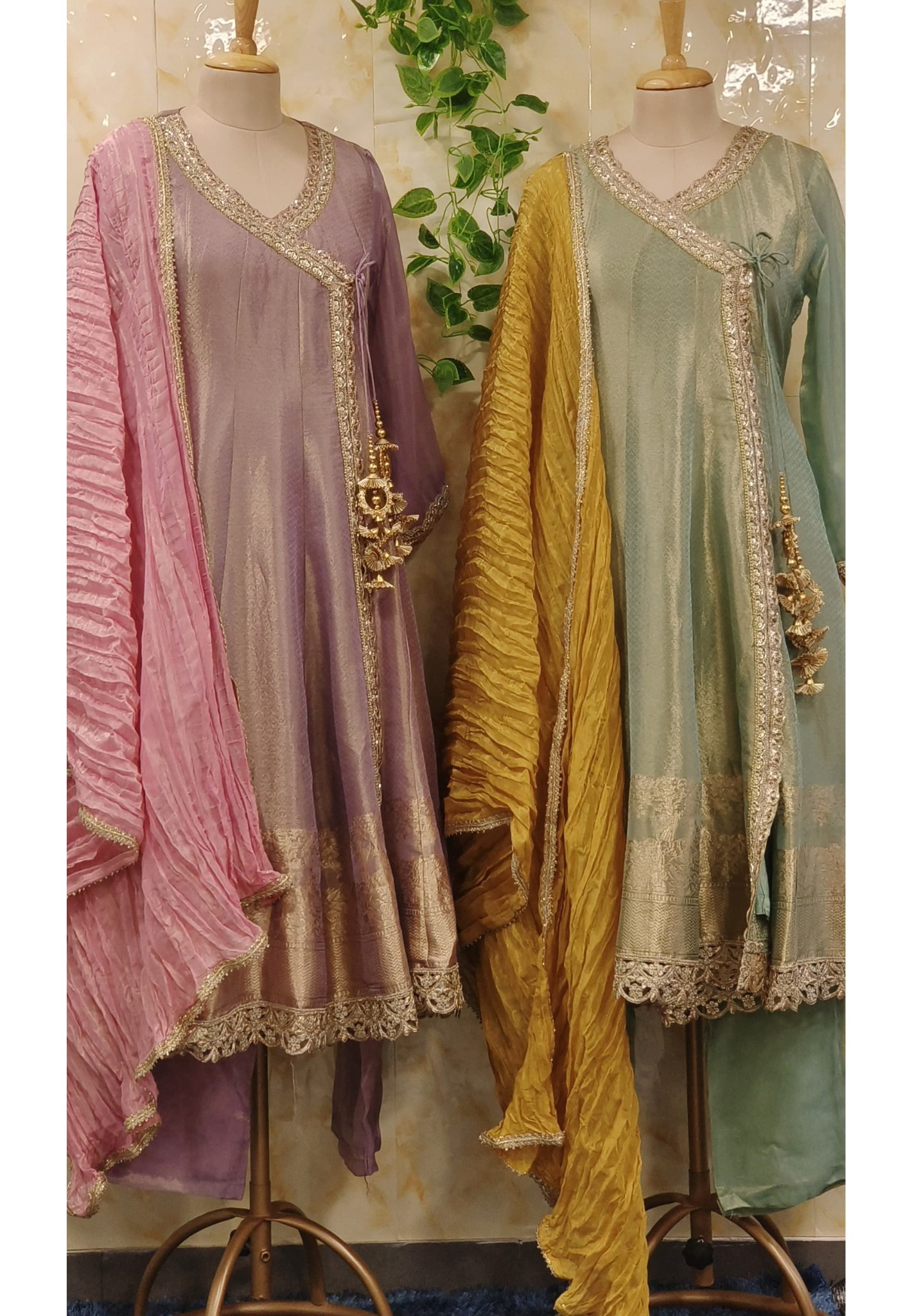 Designer Short Angrakha Pattern Anarkali Shimmer With Salwar Pants And Crushed Shimmer Dupatta