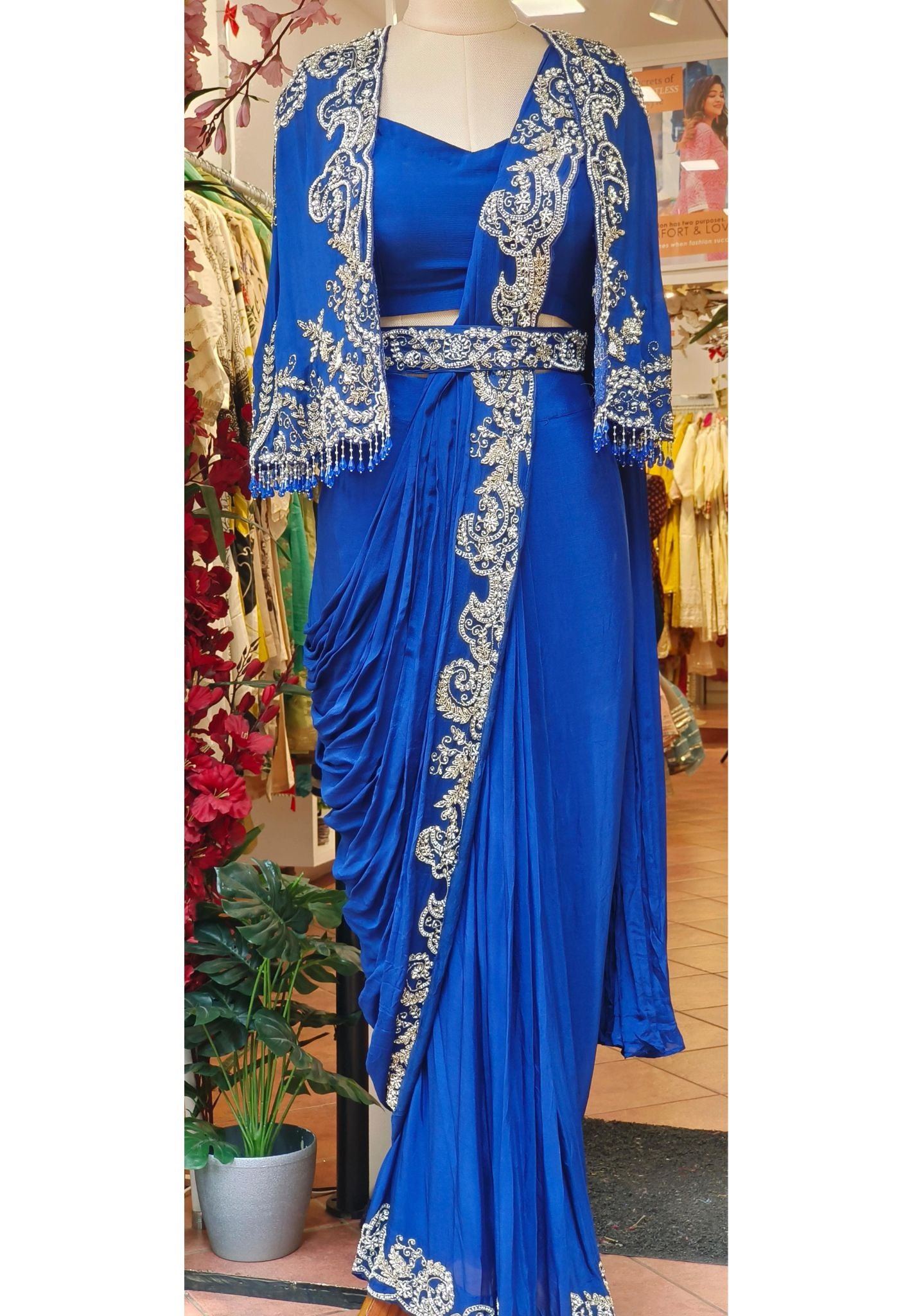 Heavy Designer Cut dana Embroidered Beautiful Drape Saree With Heavy Work Jacket  And Belt -DRYWASH