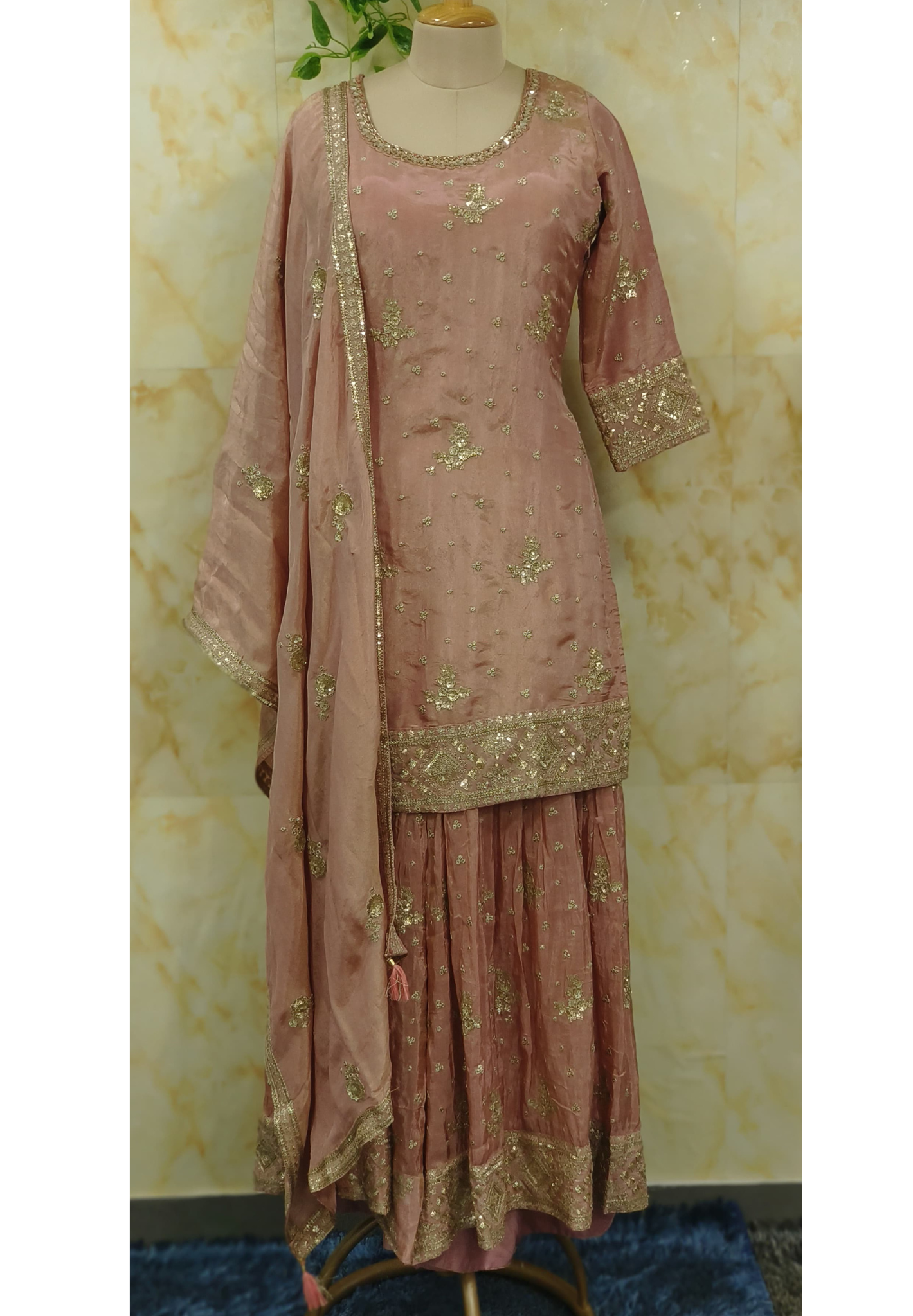 Beautiful Party Wear Ethnic Shimmer Tissue Embroidered Sharara Set