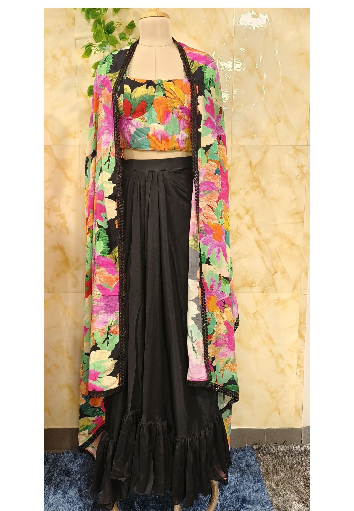 Floral printed  Indo-western Chinon Crop top jacket with dhoti Skirt  DRY WASH ONLY