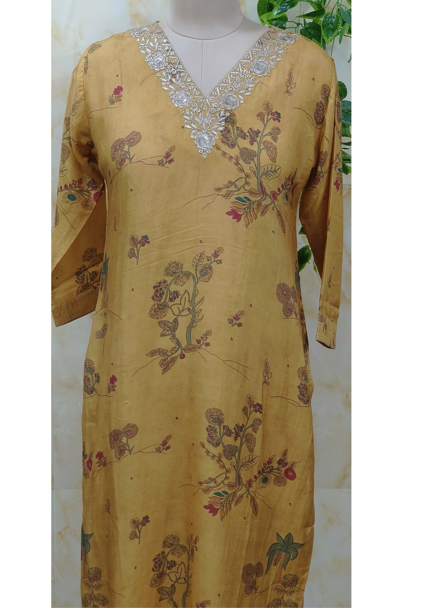 Floral Printed muslin  V neck embroidery only kurti-07728