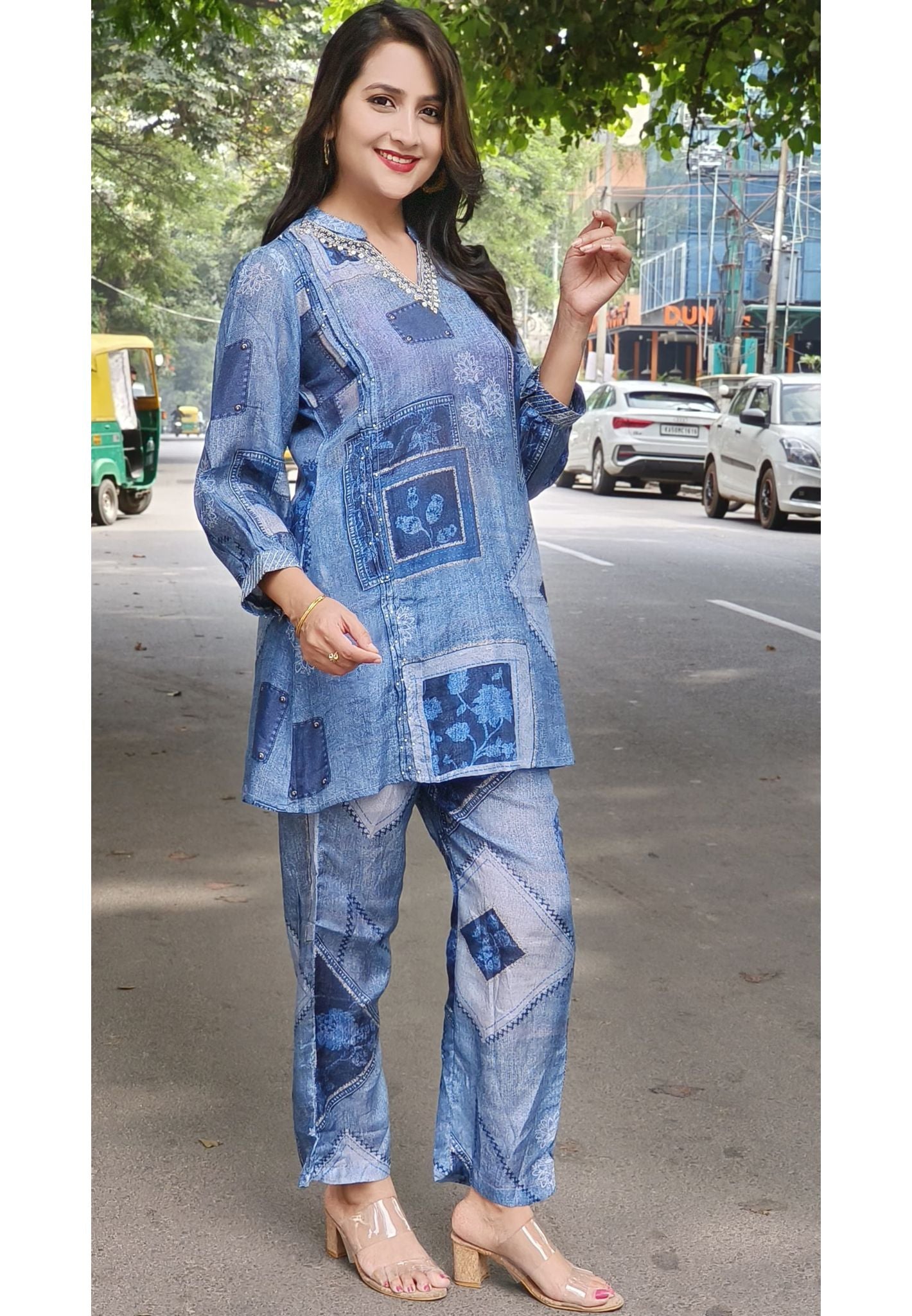 Denim Look Print Muslin Cord set  with V-Neck Embroidery-07683-07688