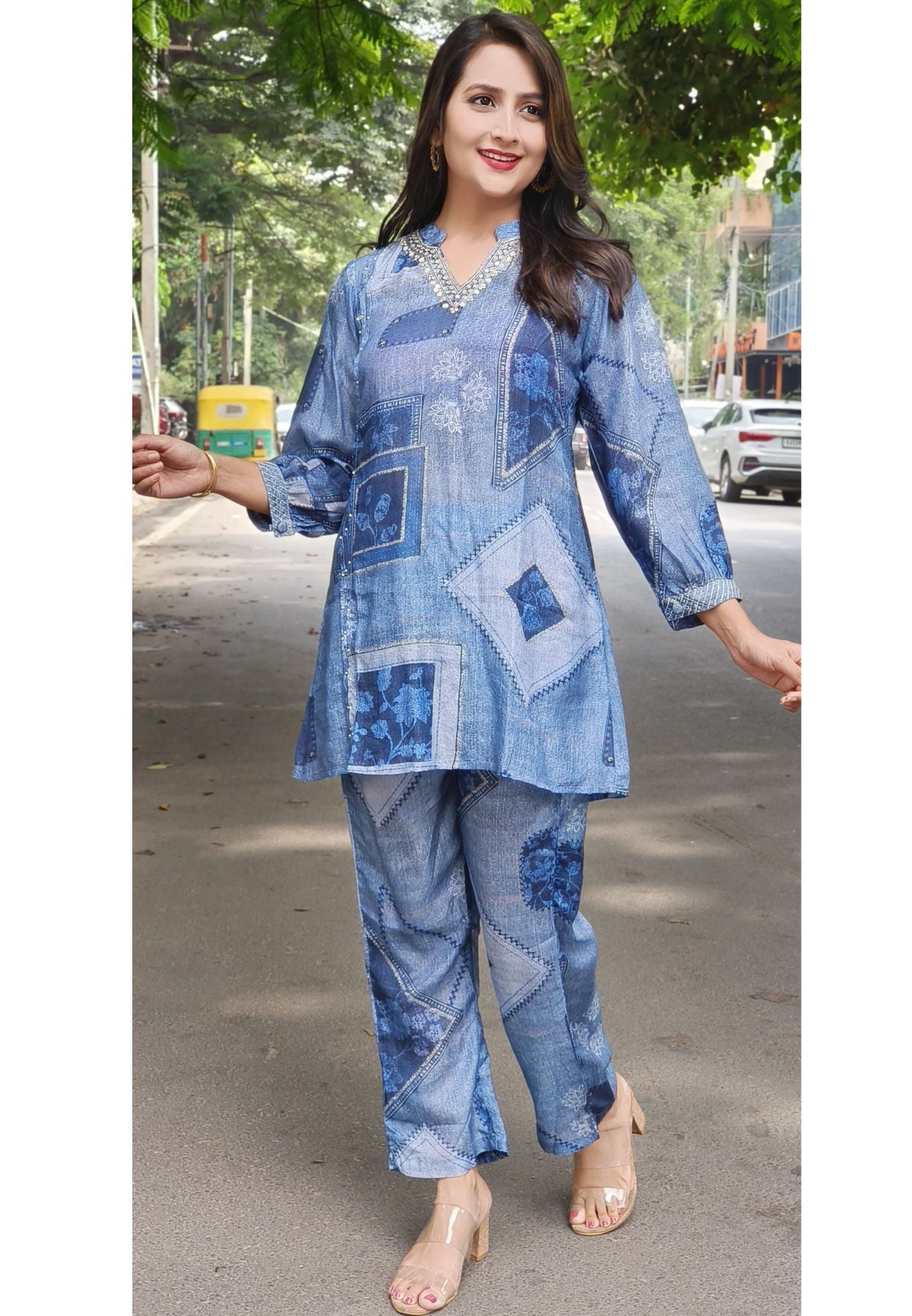 Denim Look Print Muslin Cord set  with V-Neck Embroidery