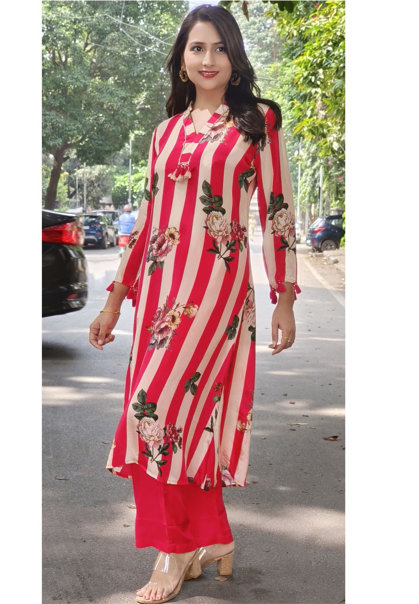 Pure Crape Red Stripe Floral Print Kurta with Pant-