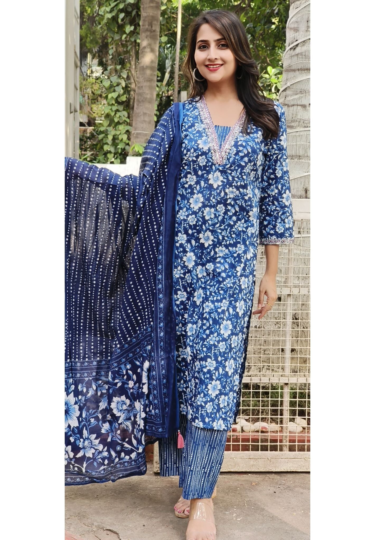 Indigo Blue Floral print Pure Cotton Foil Mirror Neck Embroidery Full Set-