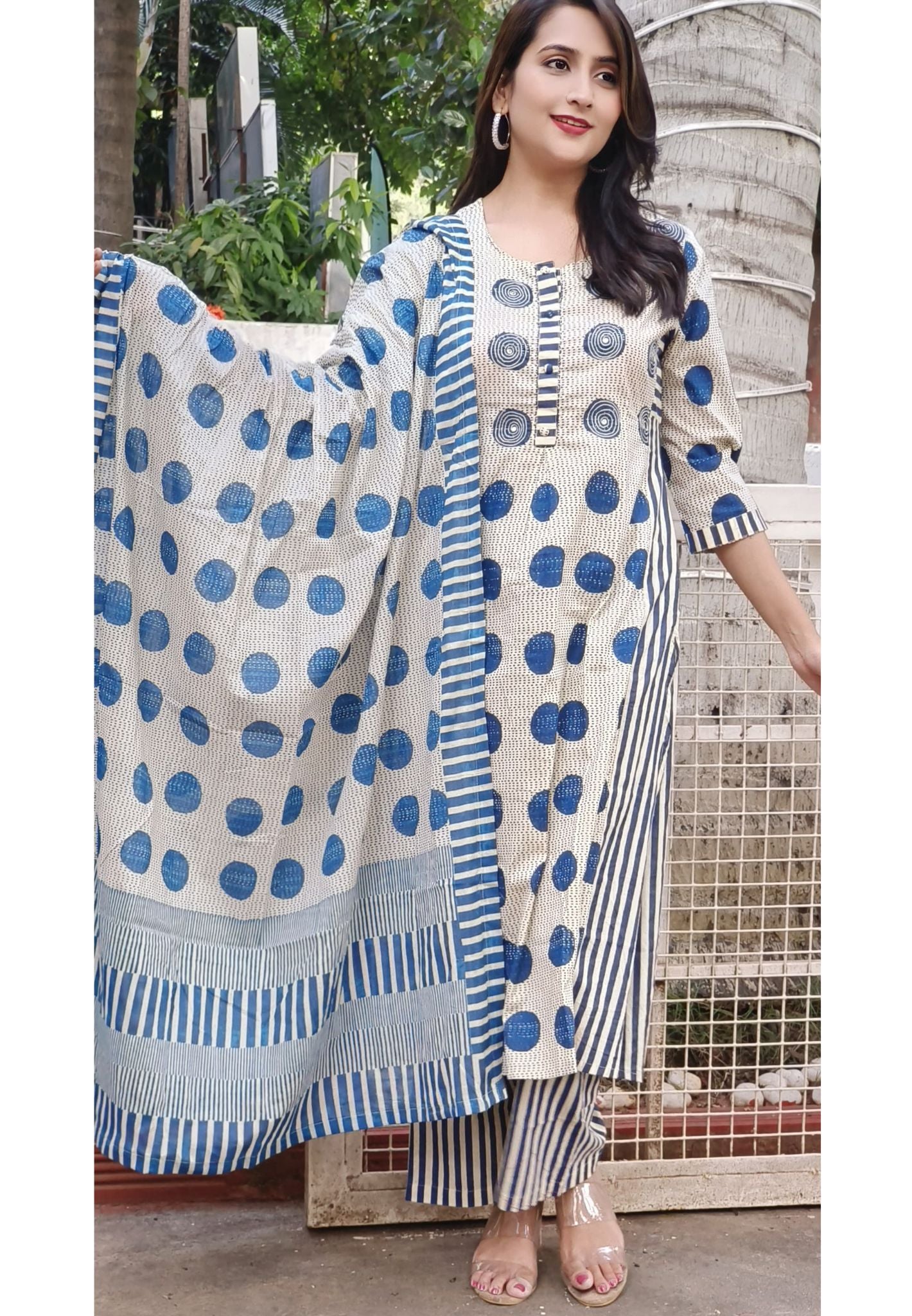 Pure Cotton Polka Dot Aline Full Set  Kurta With Pockets-