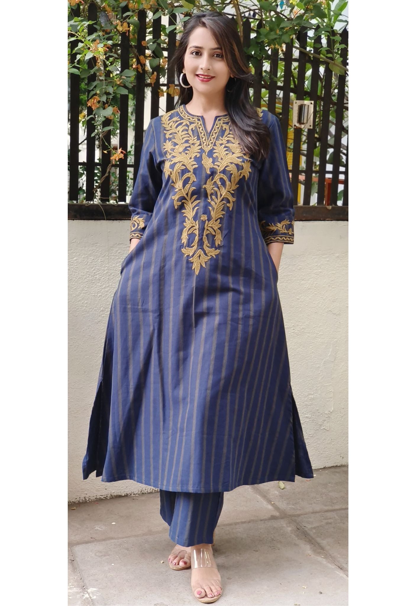 Thick Cotton Stripe With Embroidery Kurta With pocket And Pant