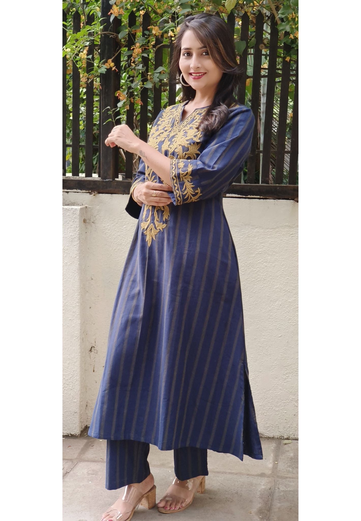 Thick Cotton Stripe With Embroidery Kurta With pocket And Pant