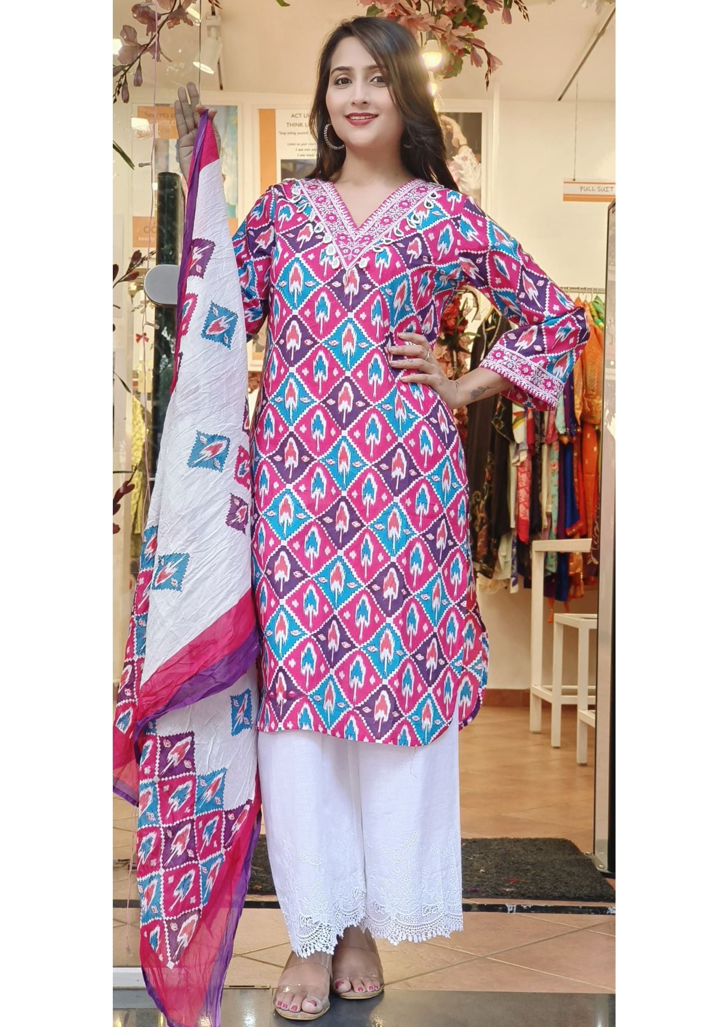 Ikkat Print Cotton V-Neck Foil Mirror Embroidered Kurta And Palazzo With dupatta-