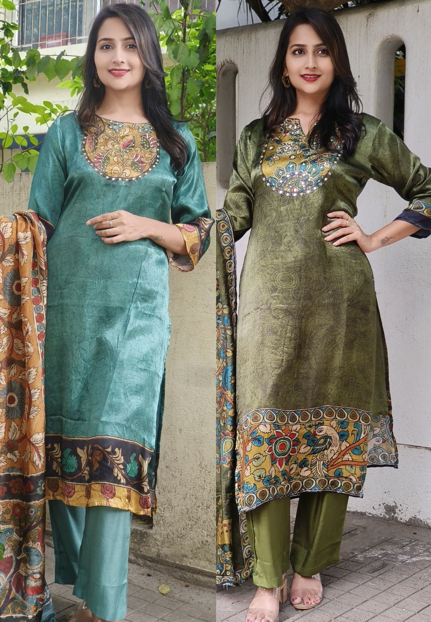 Kalamkari Print Gajji Silk Full Suit Set with Digital Print Dupatta-07691-07701