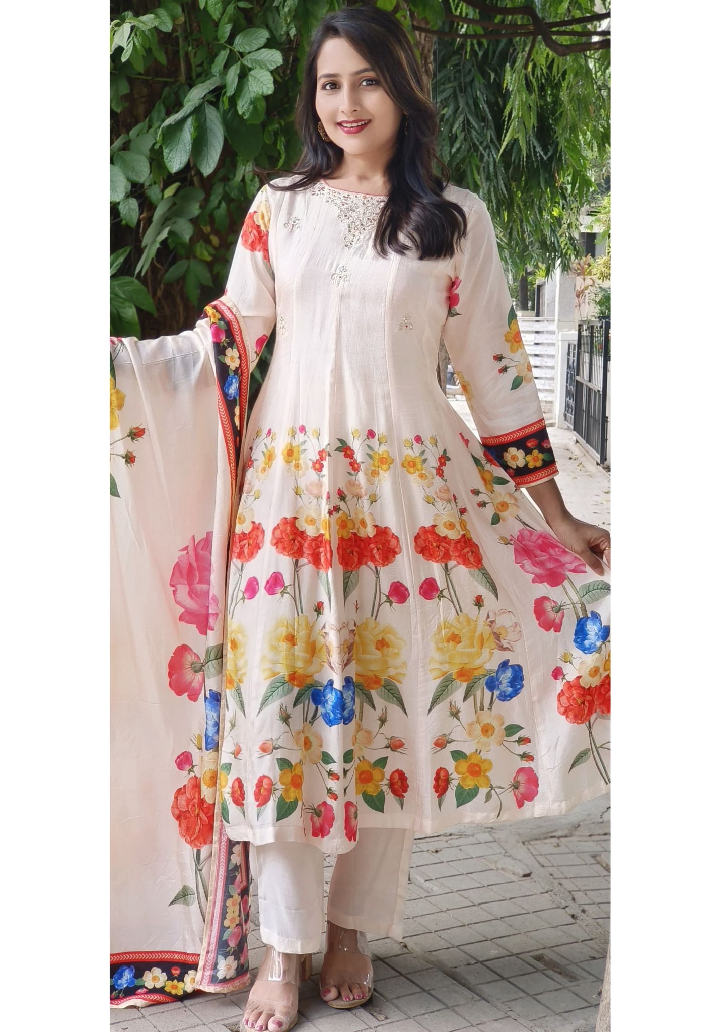 Beautiful Floral Print Silk  Anarkali Full Suit Set