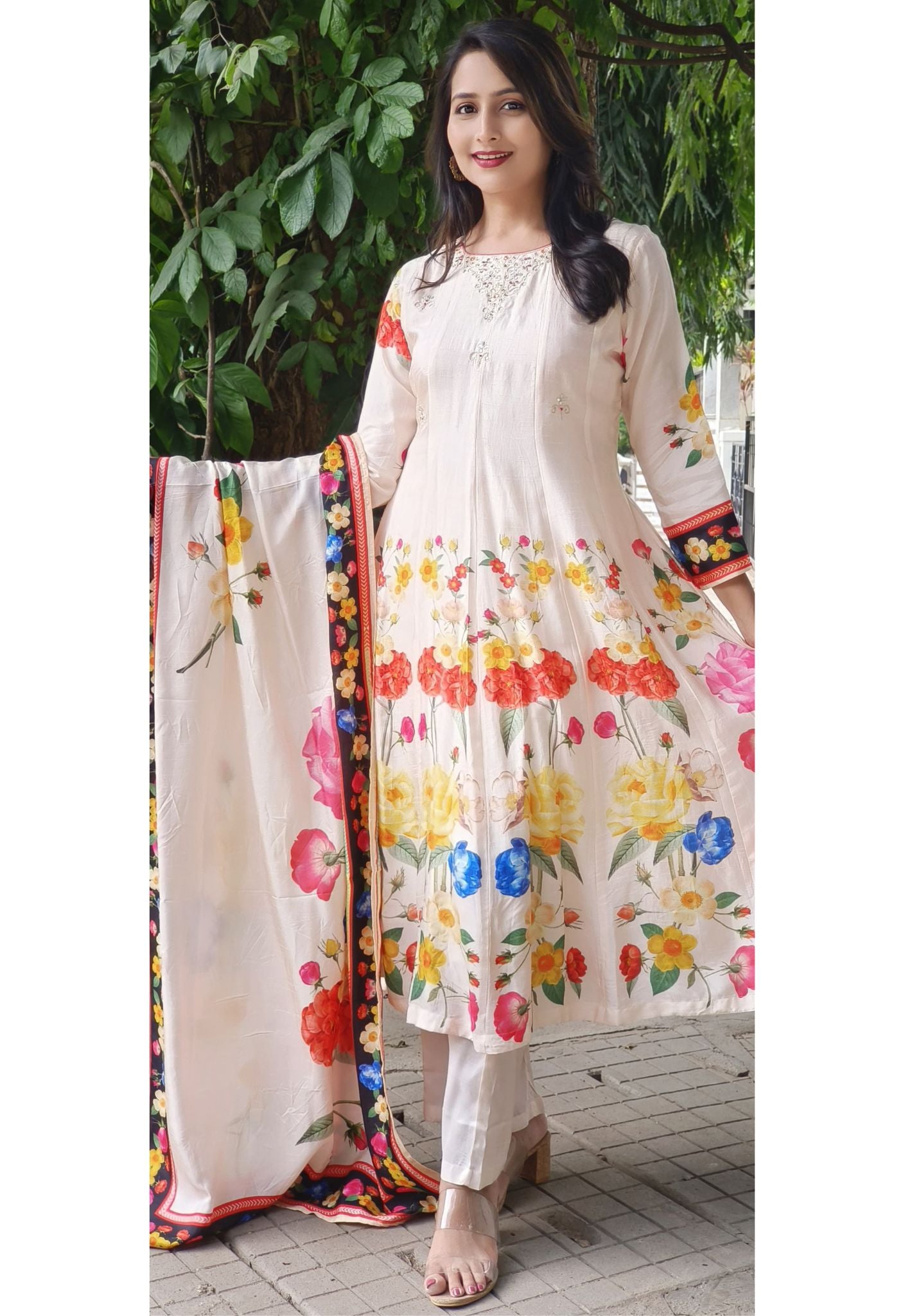 Beautiful Floral Print Silk  Anarkali Full Suit Set