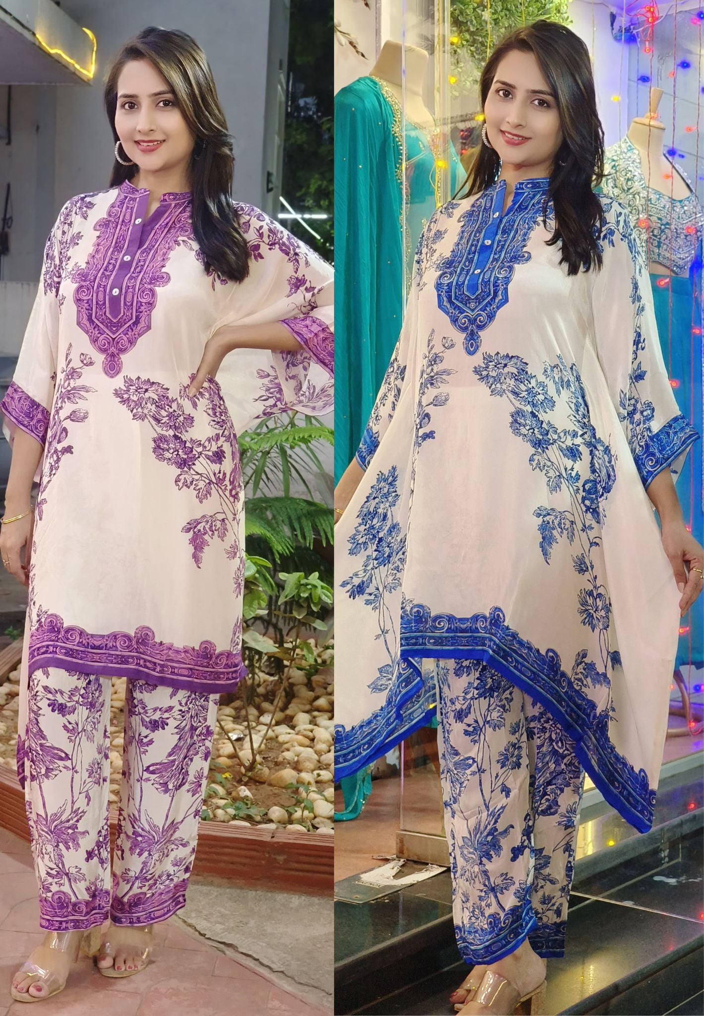 Beautiful  Crape Floral Printed Kaftan with Side Stich and Printed Bottoms-07739-40