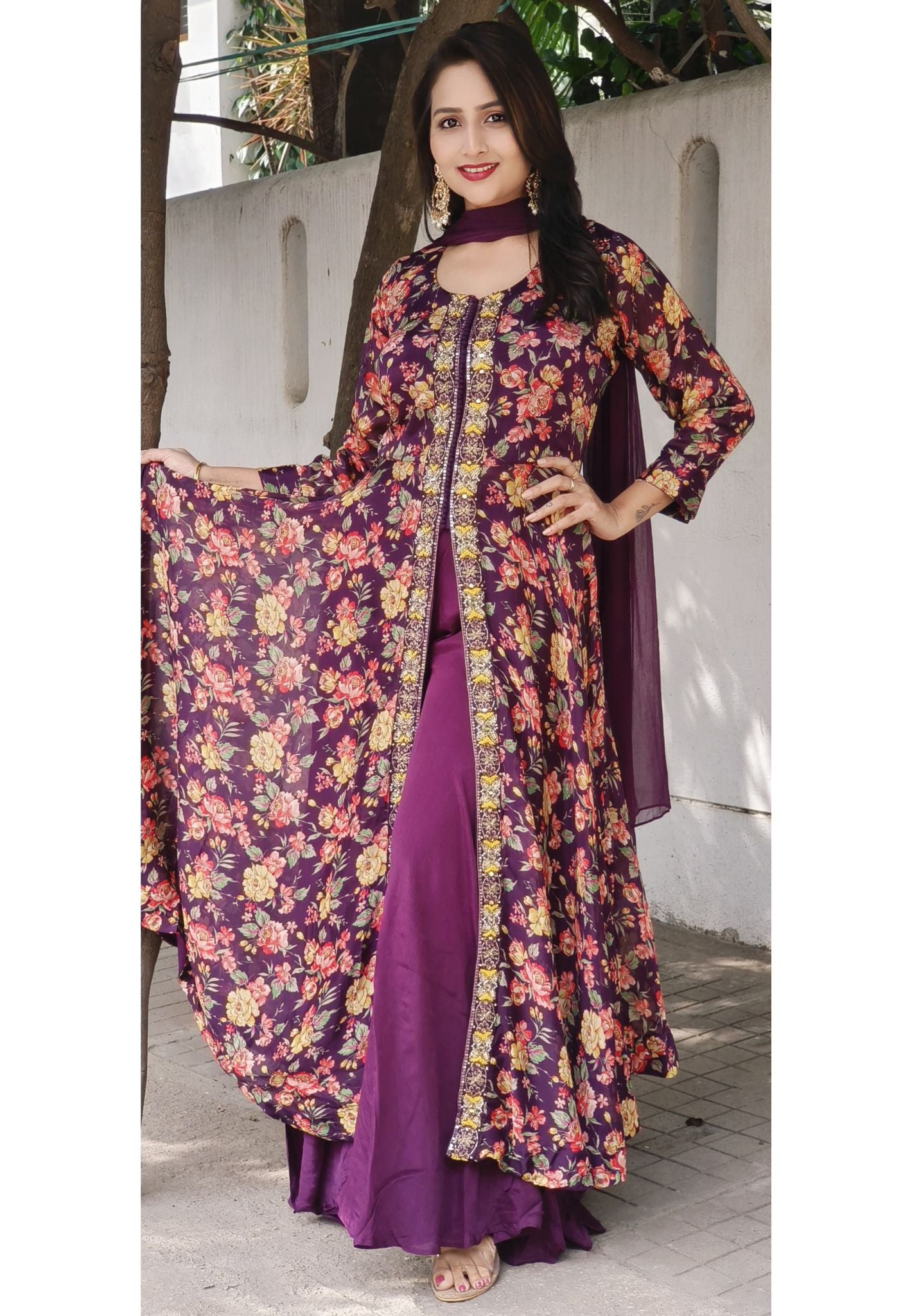 Beautiful Chinon Floral Print Front Slit Party Wear Anarkali With Loose Pants And Dupatta -07762-63-64