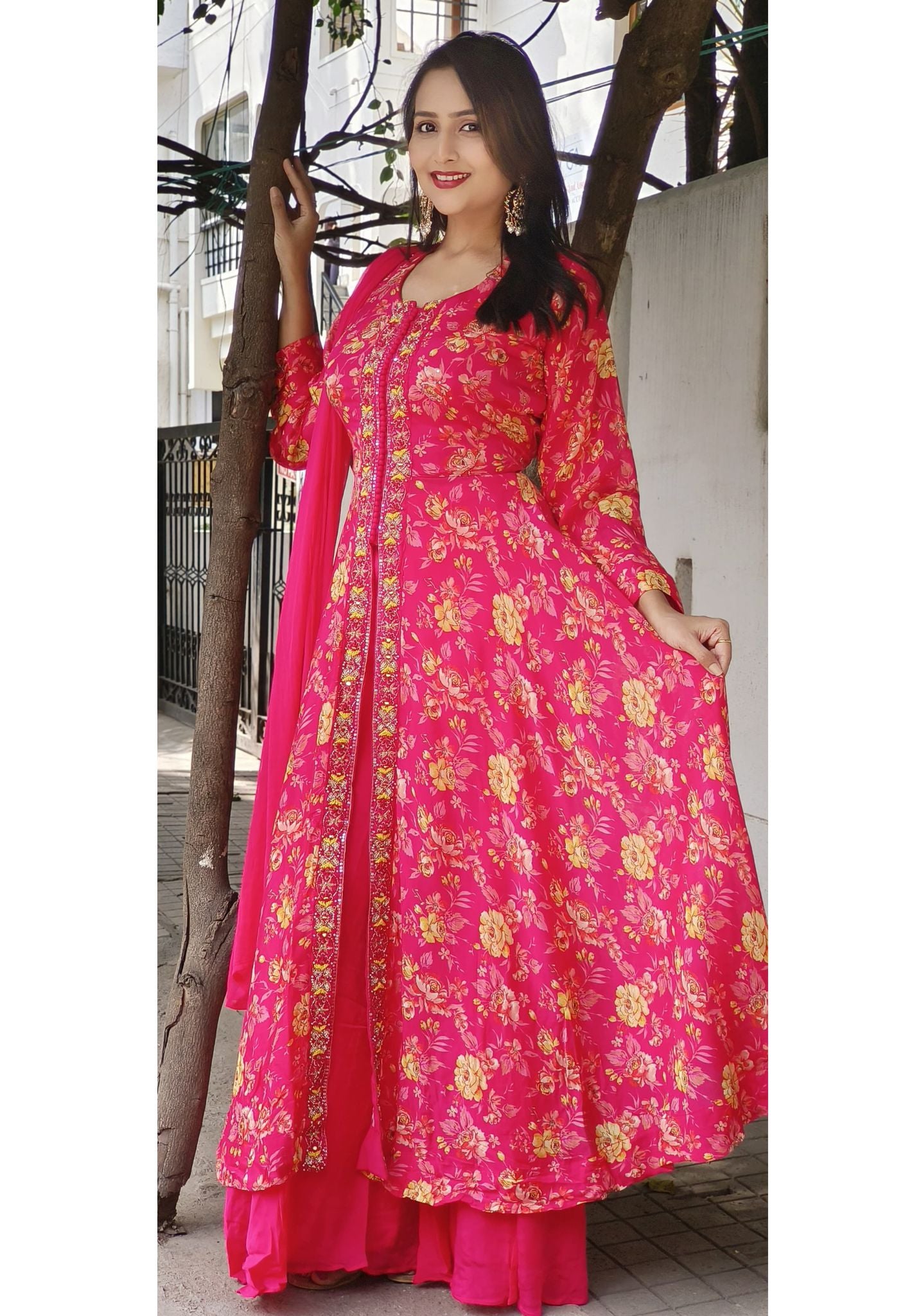 Beautiful Chinon Floral Print Front Slit Party Wear Anarkali With Loose Pants And Dupatta -07762-63-64