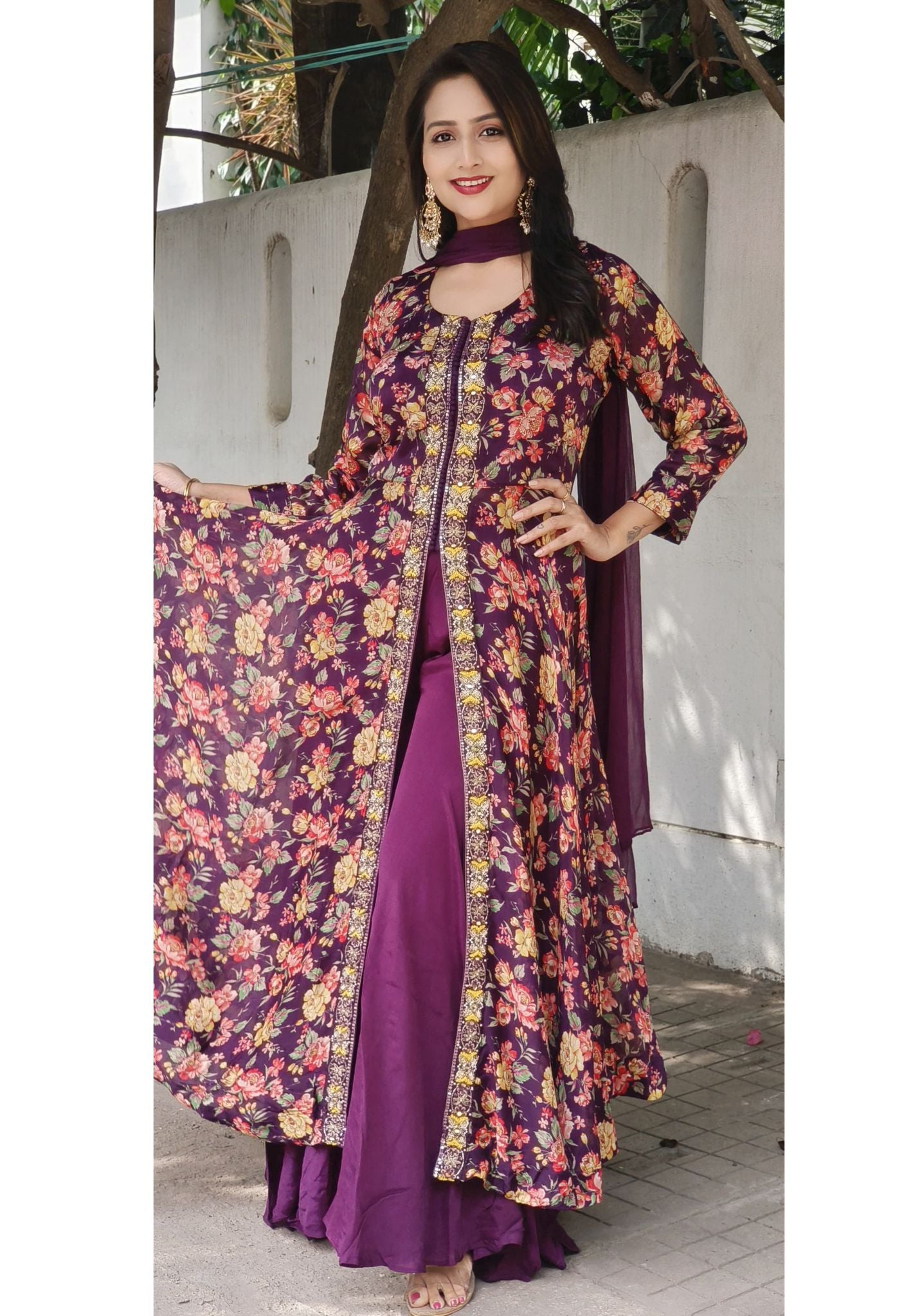 Beautiful Chinon Floral Print Front Slit Party Wear Anarkali With Loose Pants And Dupatta -07762-63-64