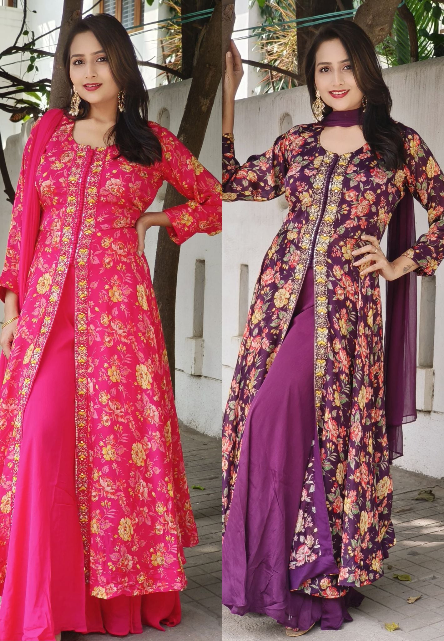 Beautiful Chinon Floral Print Front Slit Party Wear Anarkali With Loose Pants And Dupatta -07762-63-64