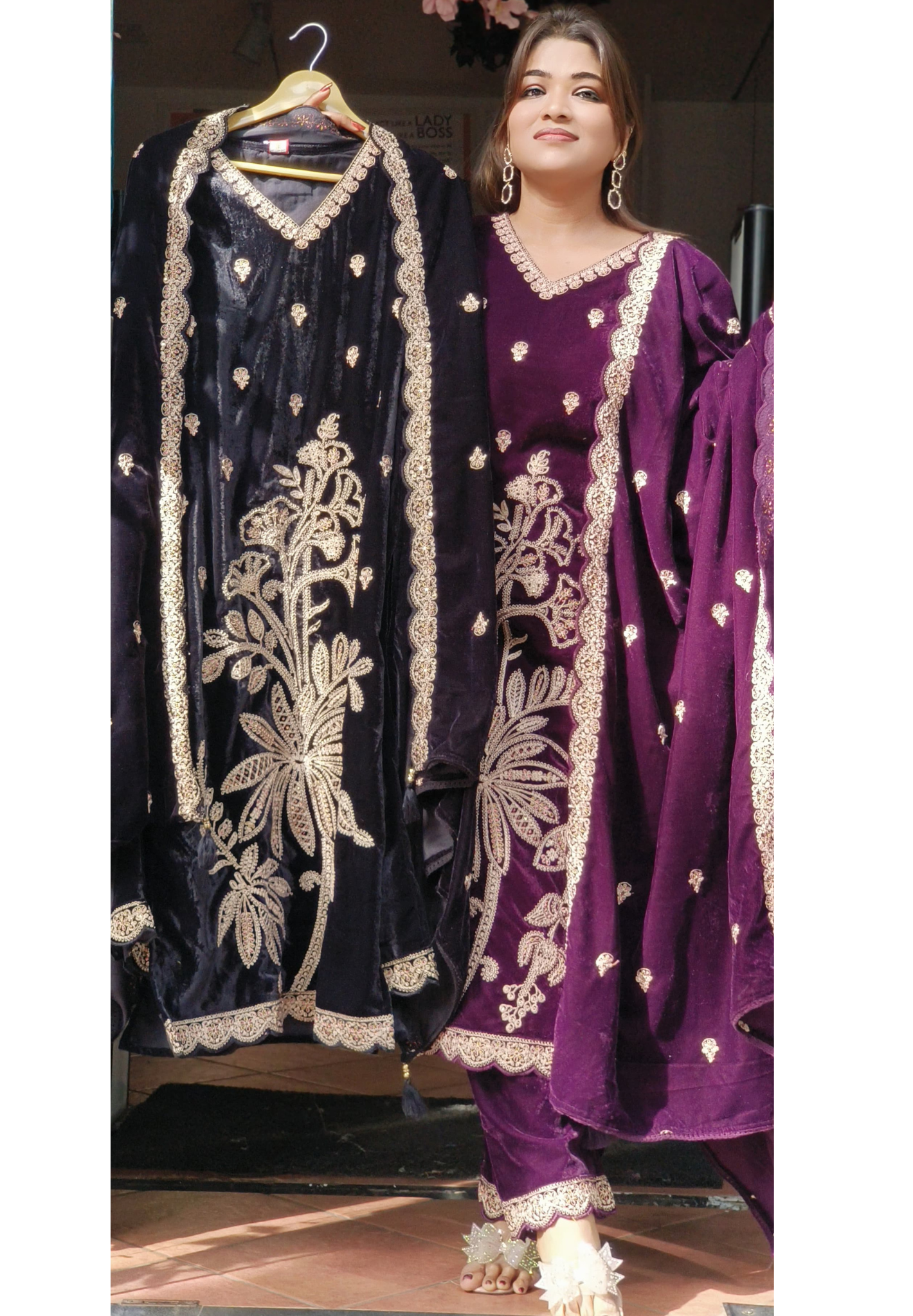 Beautiful embroidered Velvet full suit set with Pant and Dupatta